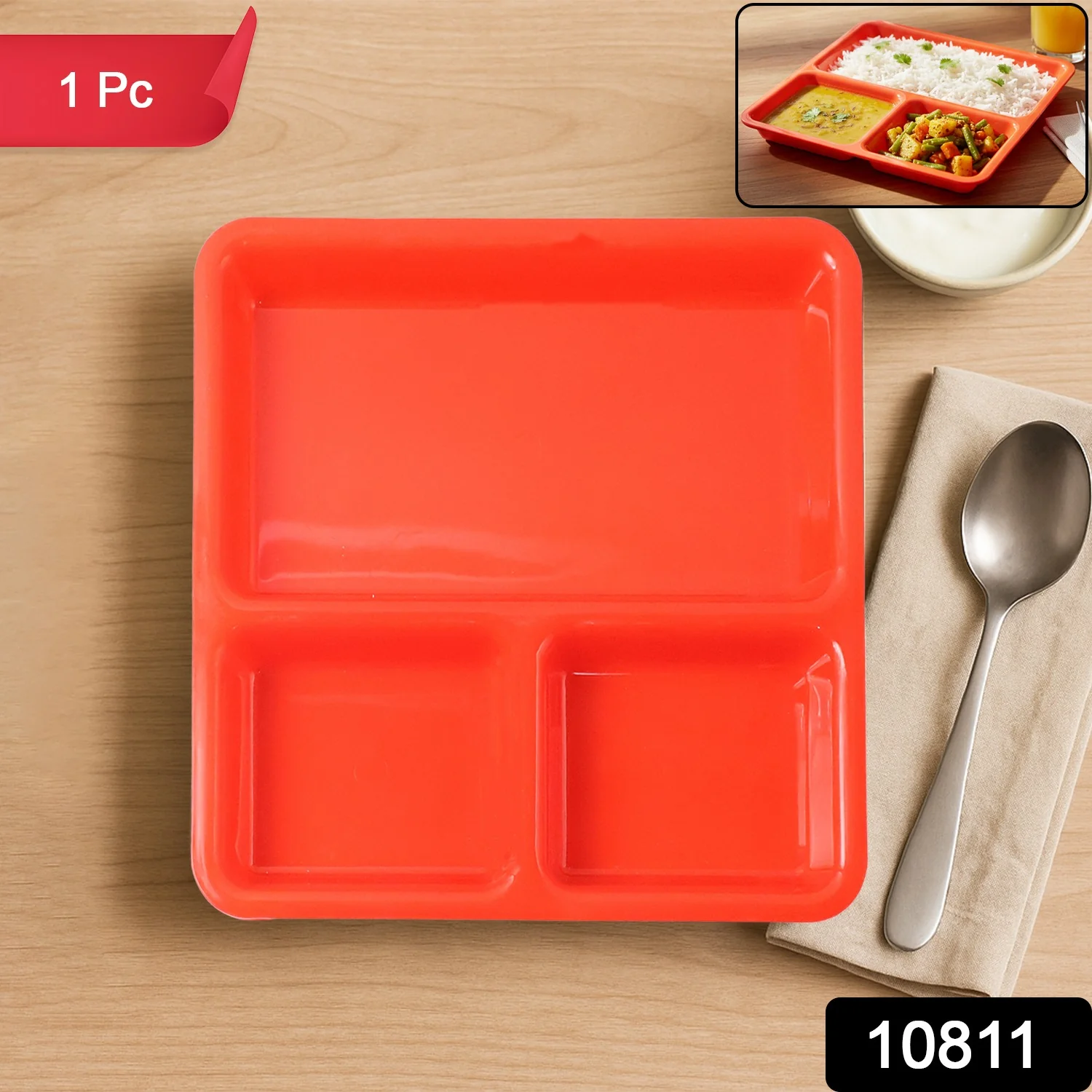 Plastic 3-Compartment Rectangular Meal Serving Tray / Plates (1 Pc) - Image 2