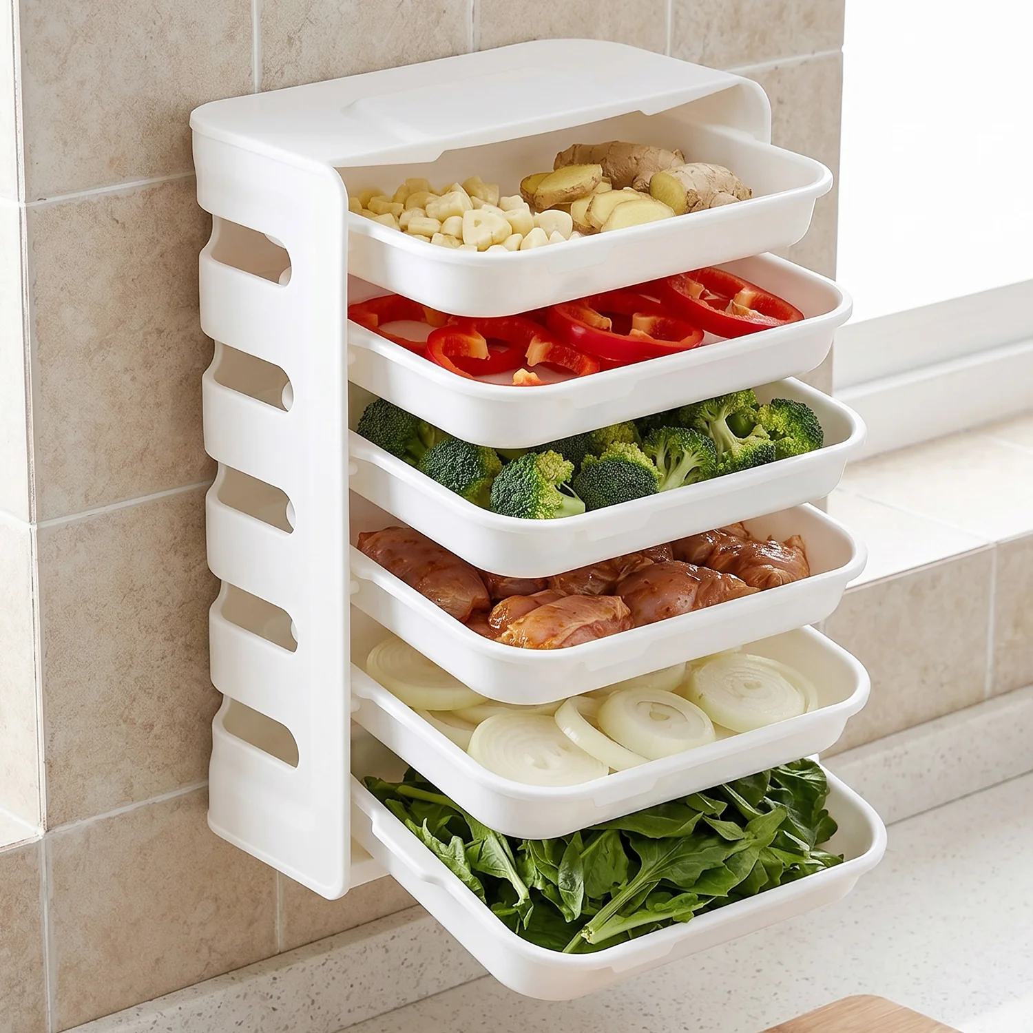 Wall Mount 6-Layer Food Storage Rack – Stackable, Space-Saving Organizer - Image 3