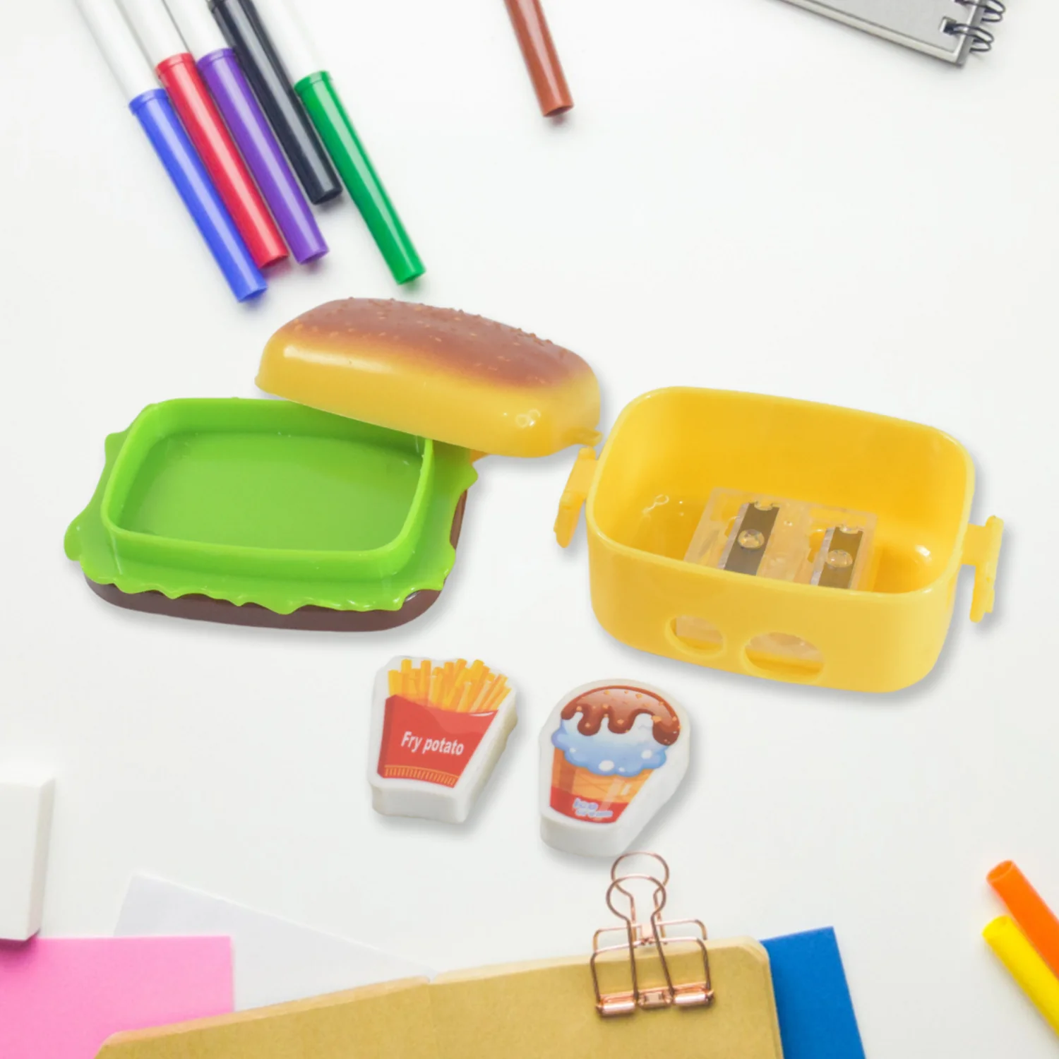 Plastic Burger Shape Small Size Double Hole Sharpener With Eraser (1 Set) - Image 3