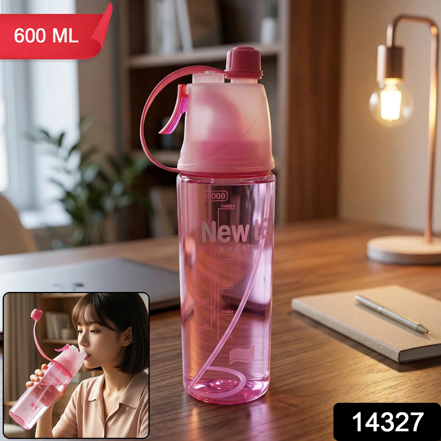 Plastic Sports Water Bottle – Dual Function with Built-In Mist Spray (600 ML) - Image 2