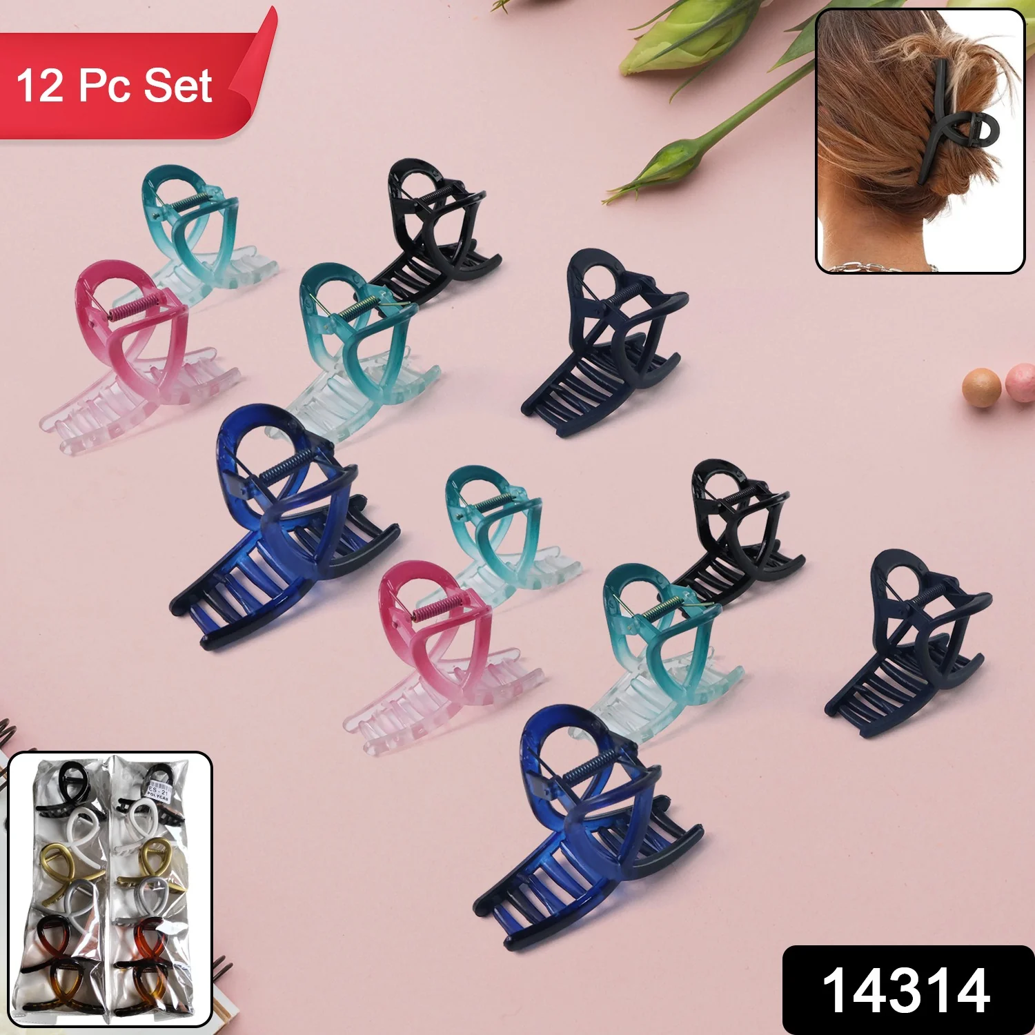Plastic Hair Clamp Grip, Simple Matte Hair Barrette Clamp (12 Pc /  Mix Design) - Image 2