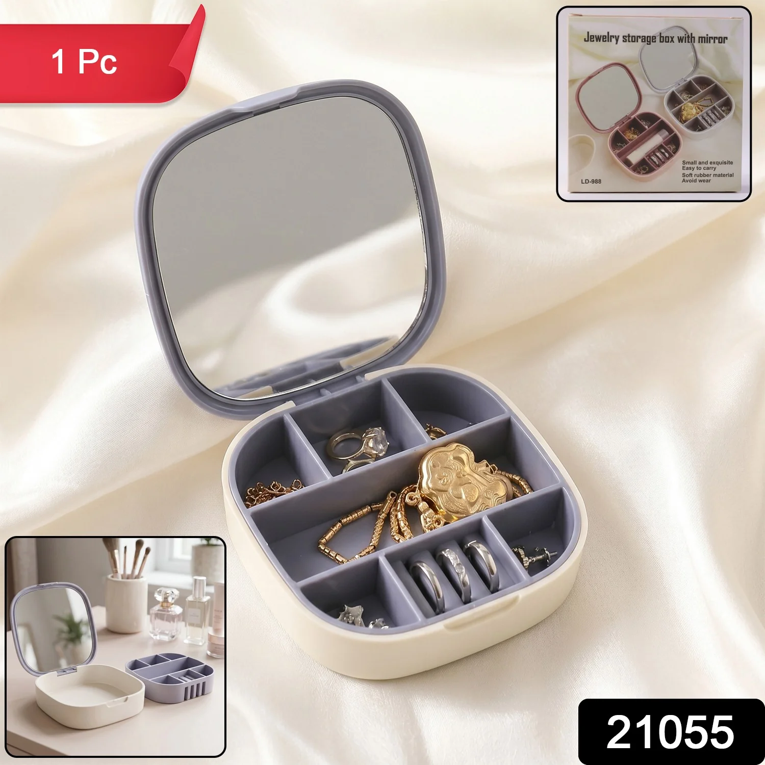 Plastic Jewelry Storage Box with Built-in Mirror (1 Pc) - Image 2