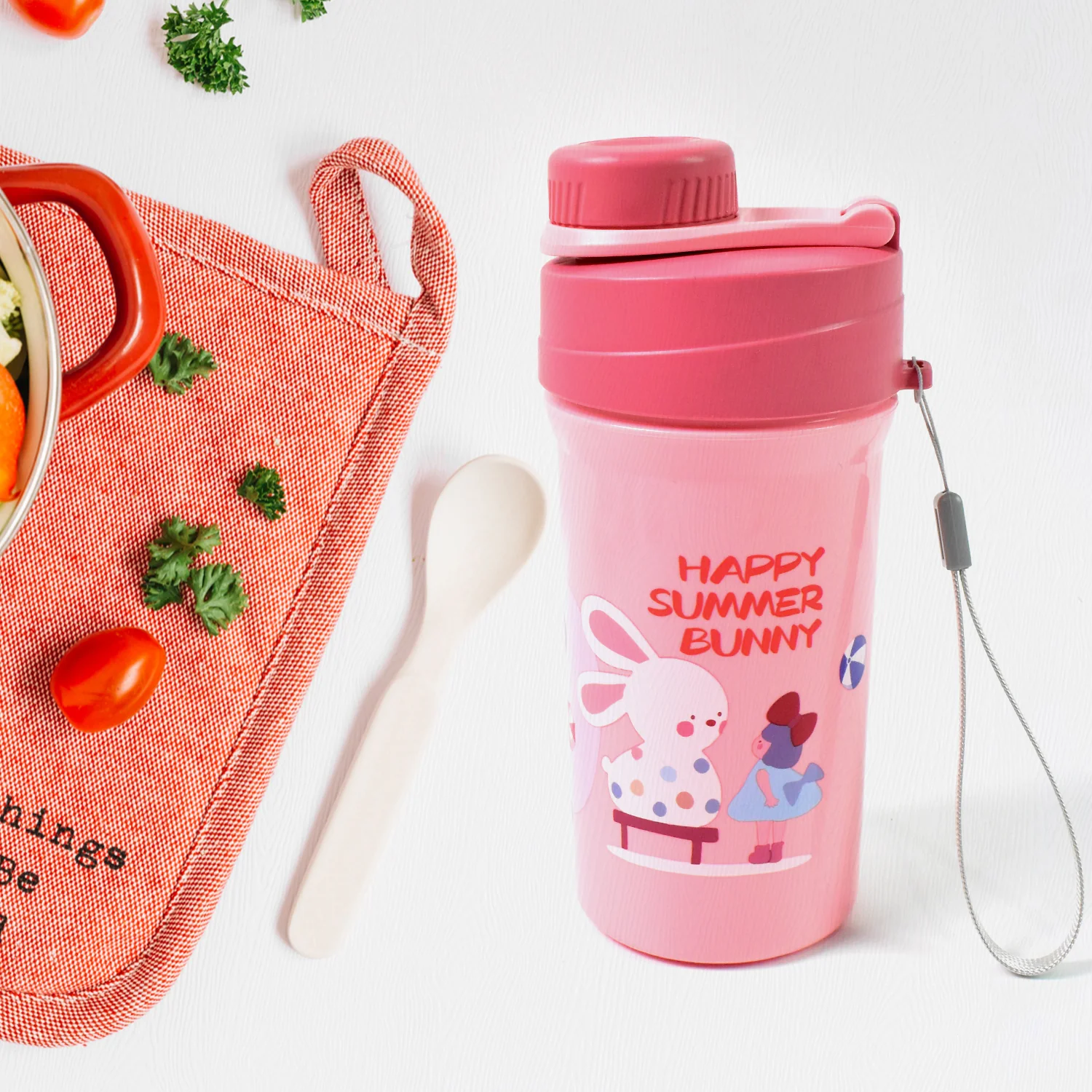 Plastic Lunch Box Leak Proof 2 Compartment with Bottle and Fork (1 Set / Mix Color) - Image 4