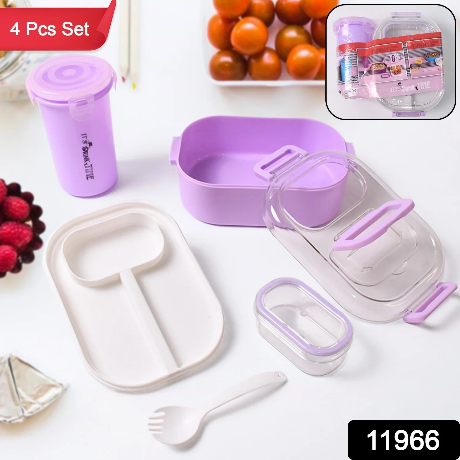 Plastic Lunch Box With Small Box, Bottle & Sponn for Kids Lunch Box (4 Pc Set) - Image 2