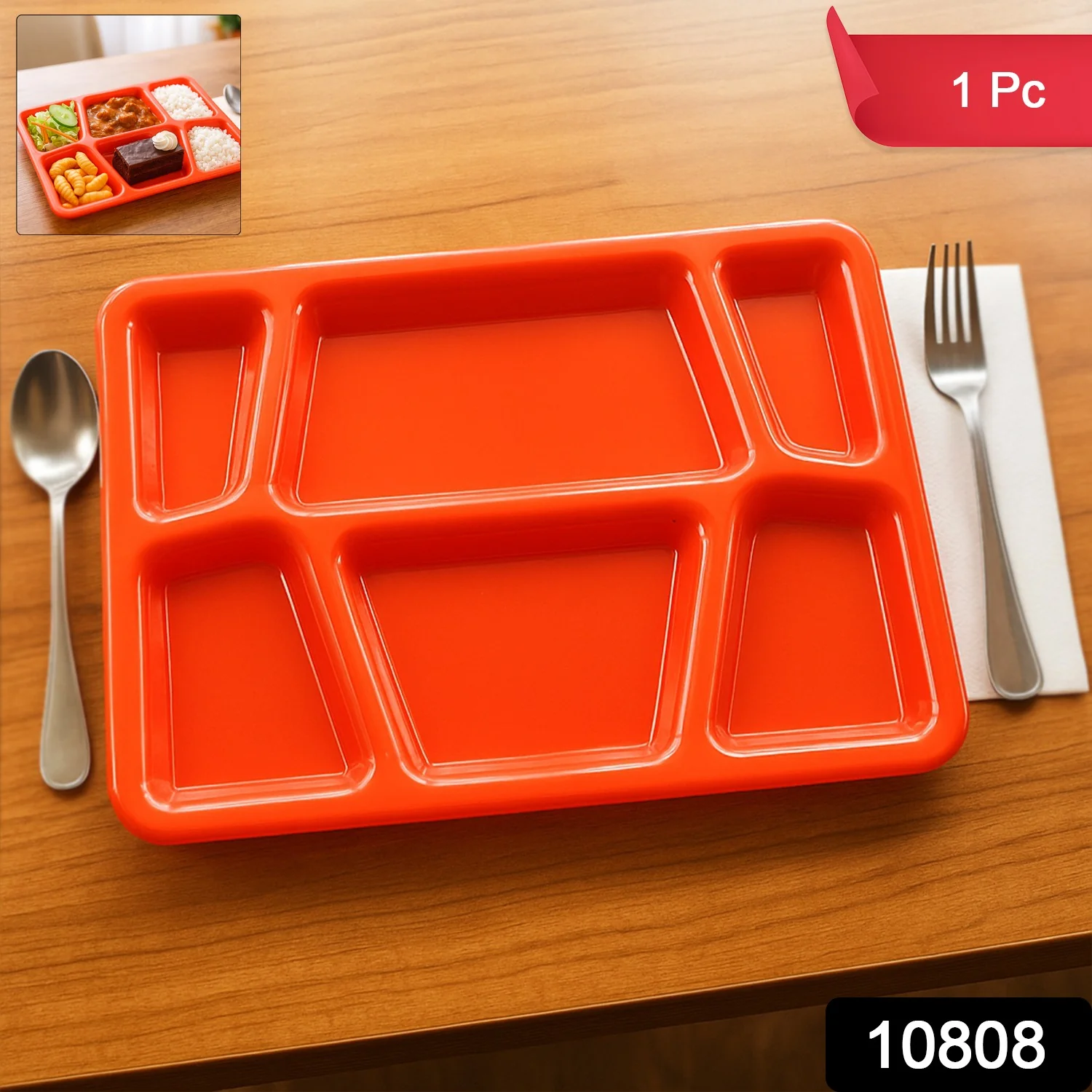 Plastic Multi-Compartment Rectangular Meal Serving Tray / Plate (1 Pc / Red) - Image 2