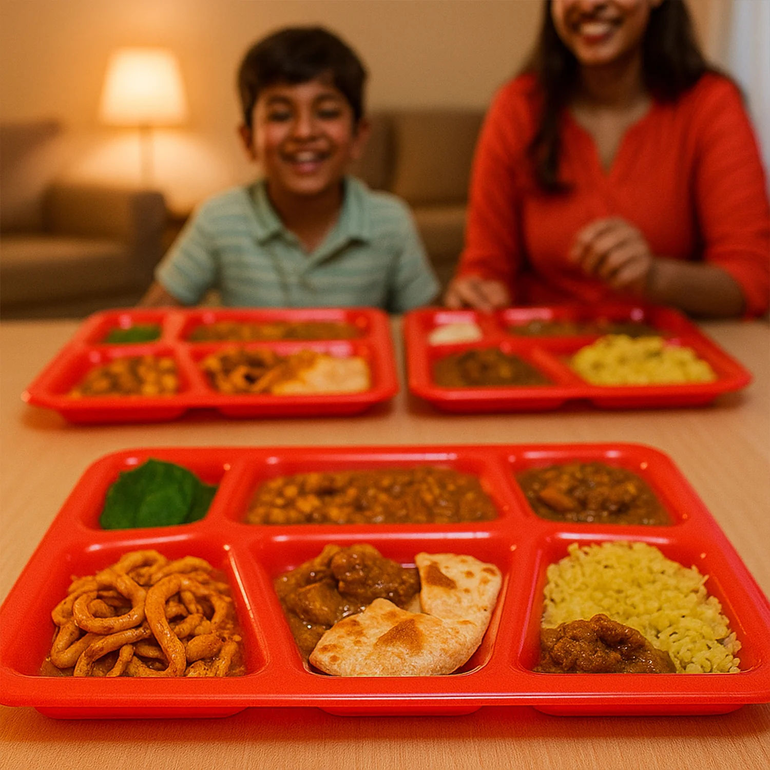 Plastic Multi-Compartment Rectangular Meal Serving Tray / Plate (1 Pc / Red) - Image 3