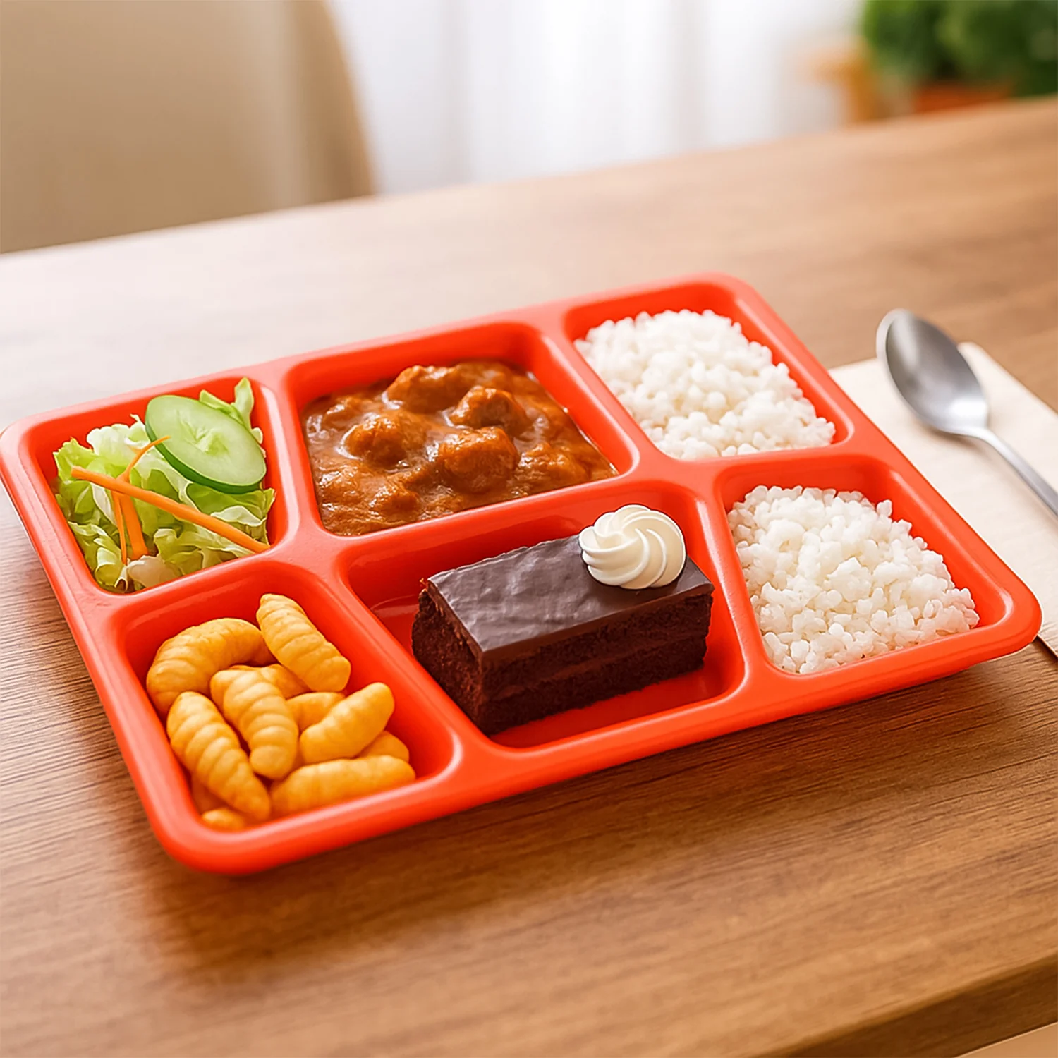 Plastic Multi-Compartment Rectangular Meal Serving Tray / Plate (1 Pc / Red) - Image 7