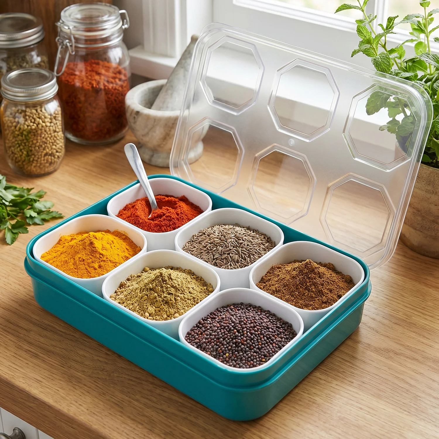 Plastic Real Masala Masti Box with 6 Compartments for Spice Storage - Image 3