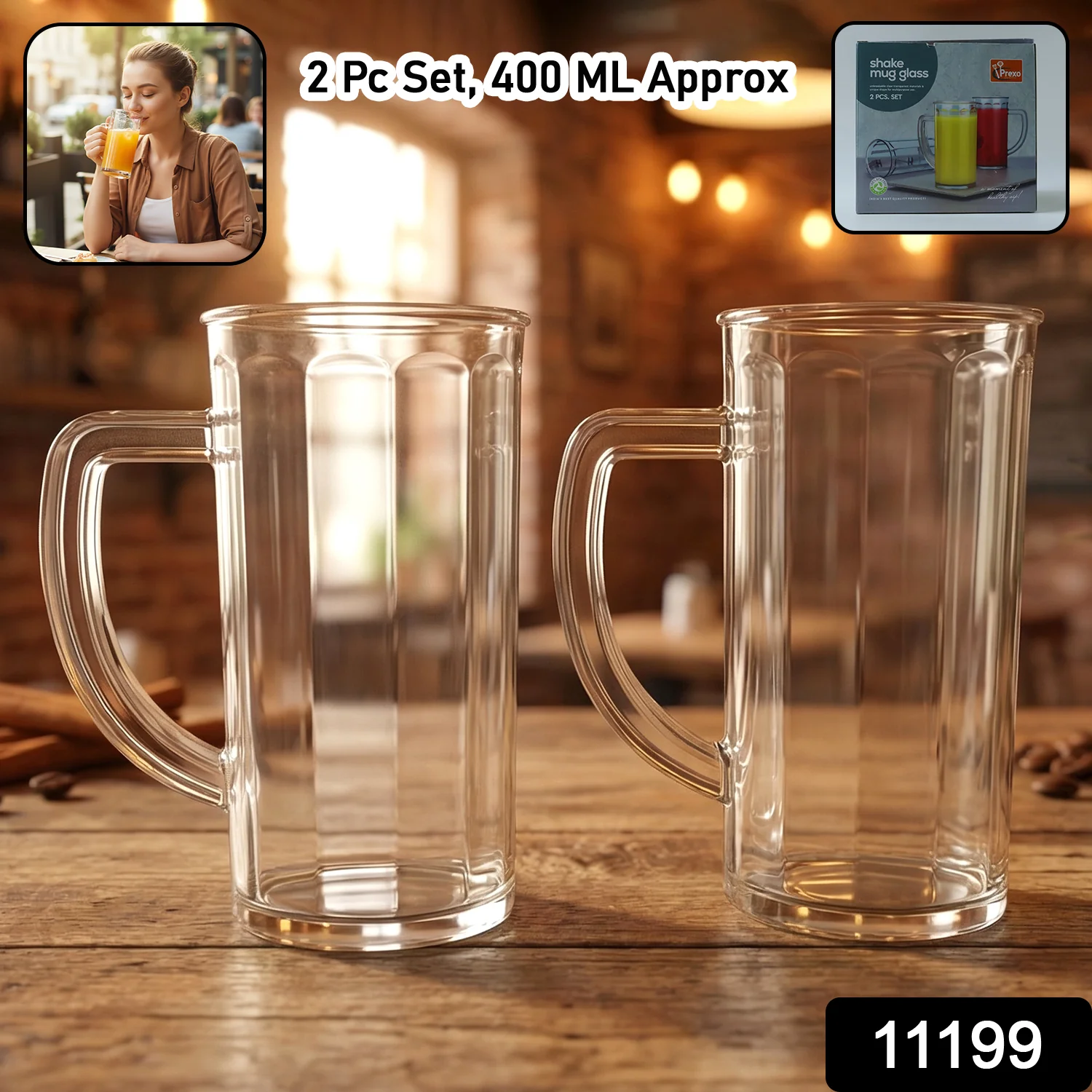 Prexo Plastic Shake Mug Glass with Handle (2 Pc Set, 400 ML Approx) - Image 2