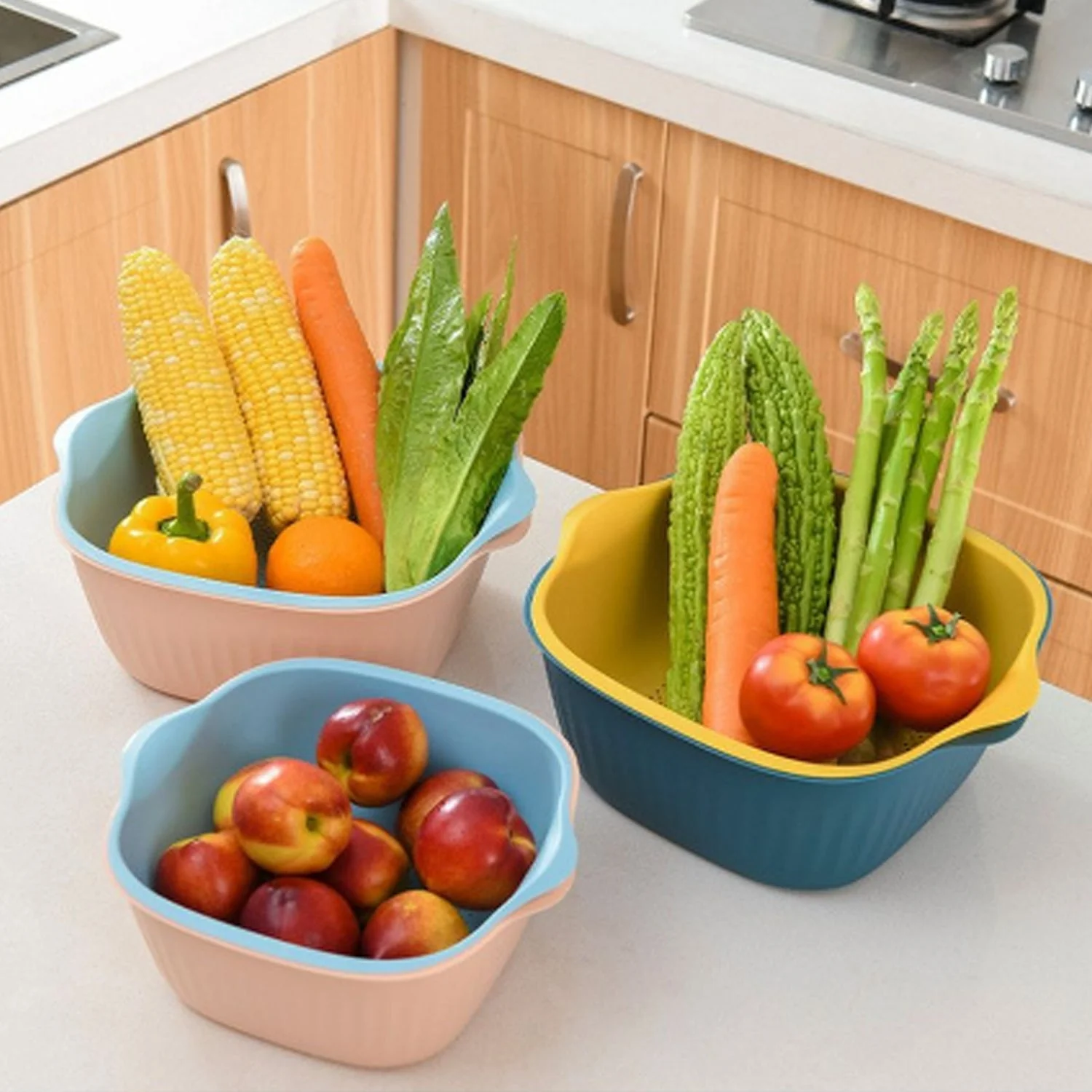 Plastic Washing Bowl & Strainer Basket for Kitchen (Set of 2) - Image 3