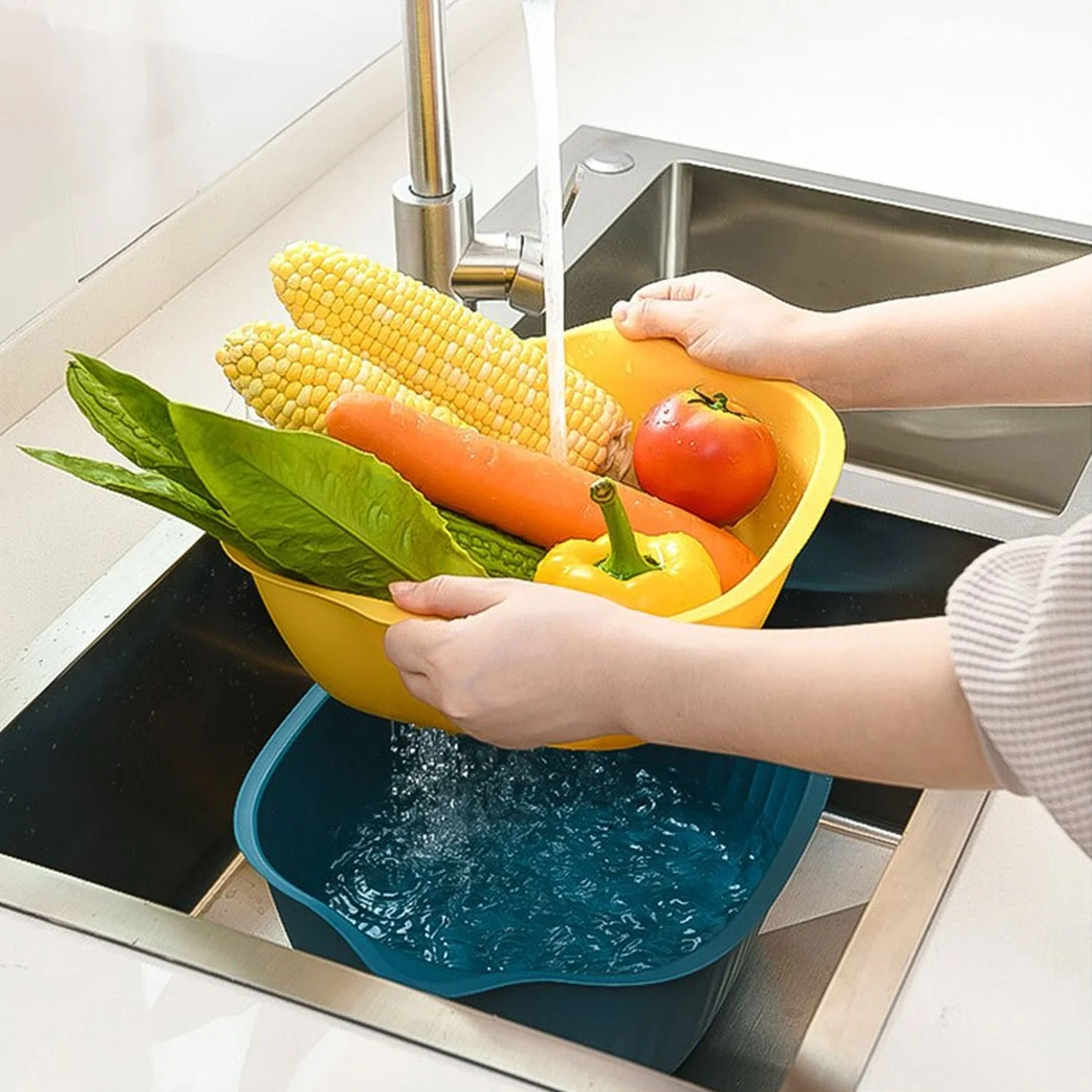 Plastic Washing Bowl & Strainer Basket for Kitchen (Set of 2) - Image 5