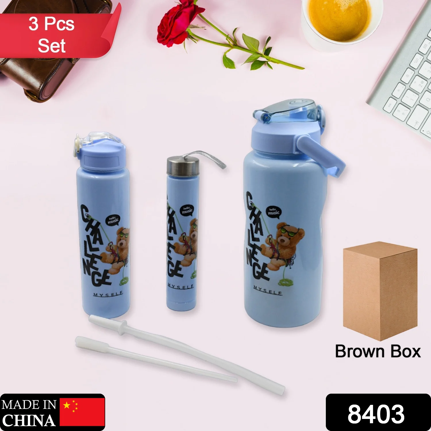 Plastic Water Bottle Set – BPA-Free, Leak-Proof, Cartoon Design Kids & Gym (3 Pc Set) - Image 2