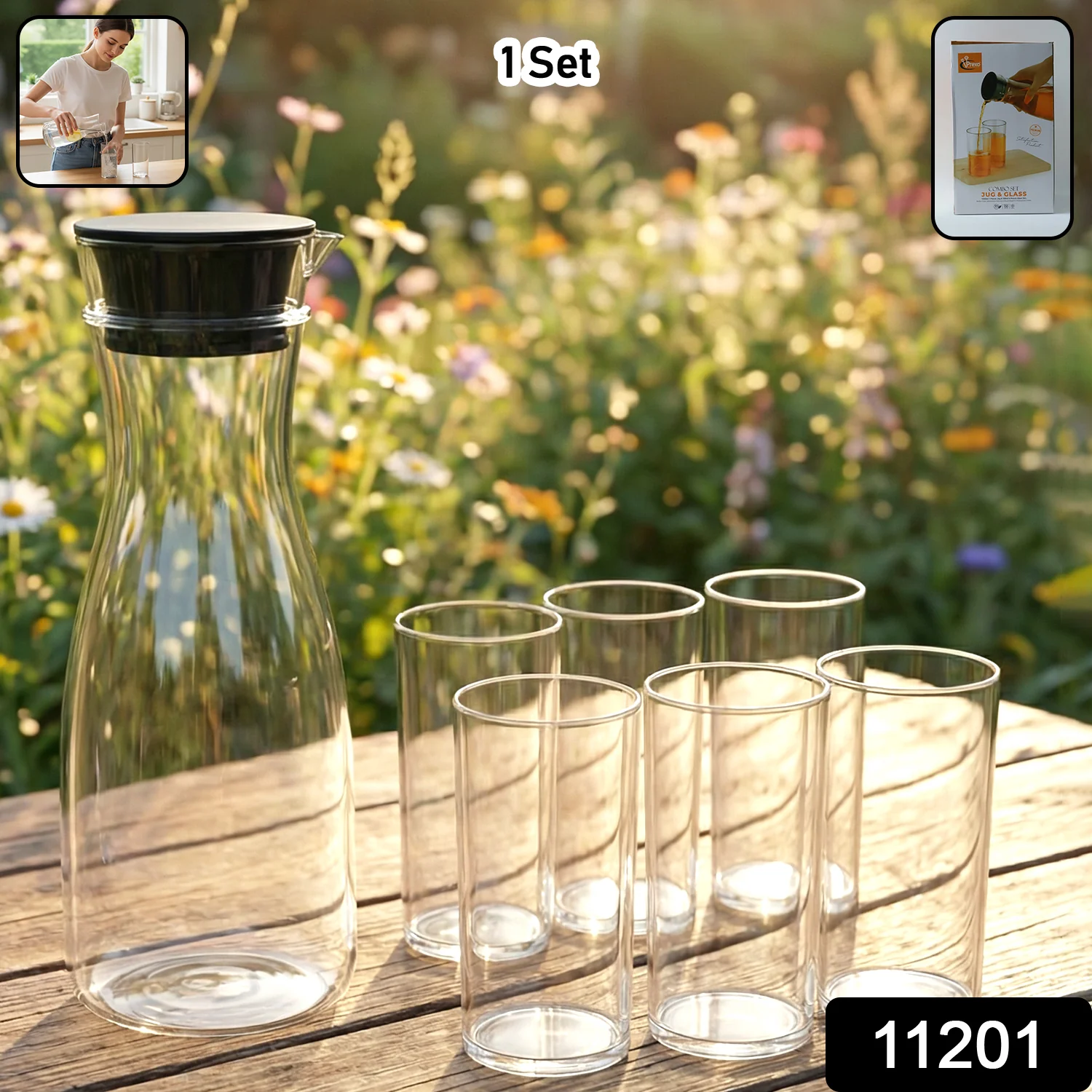 Prexo Plastic Water Jug and Drinking Glass Set (1 Jug 1000ML, 6 Glasses 300ML) - Image 2