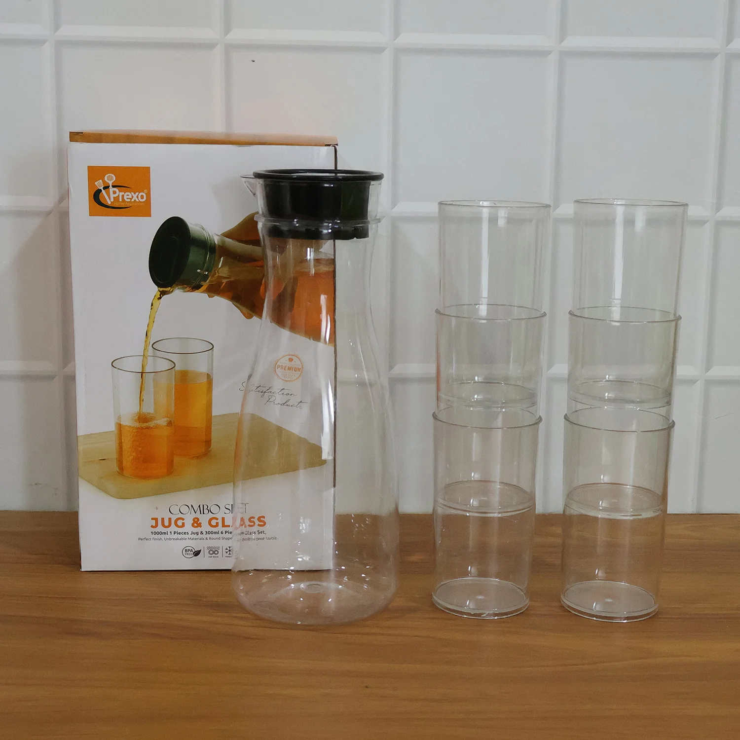 Prexo Plastic Water Jug and Drinking Glass Set (1 Jug 1000ML, 6 Glasses 300ML) - Image 9