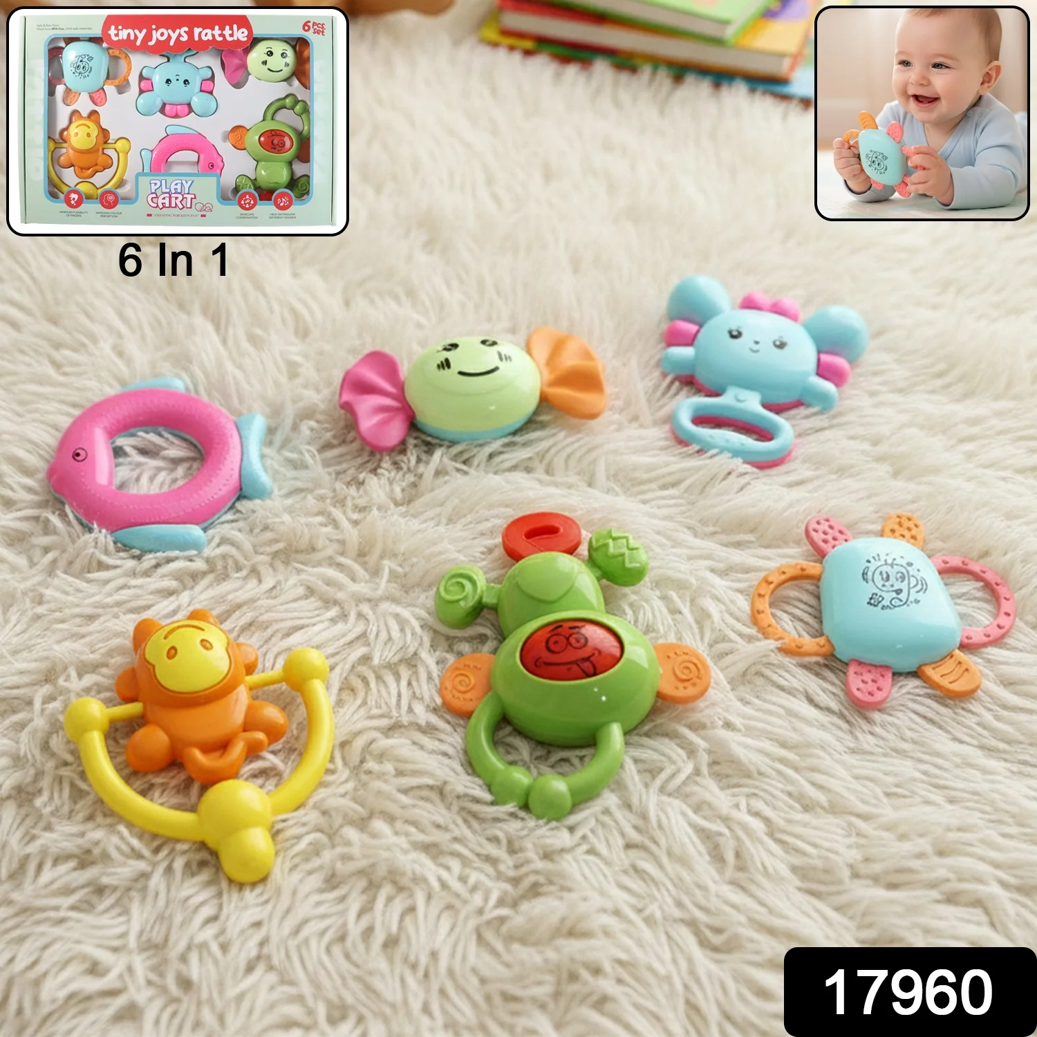 Play Cart Tiny Joys Rattle Toy Set – 6-in-1 Baby Rattles - Image 2