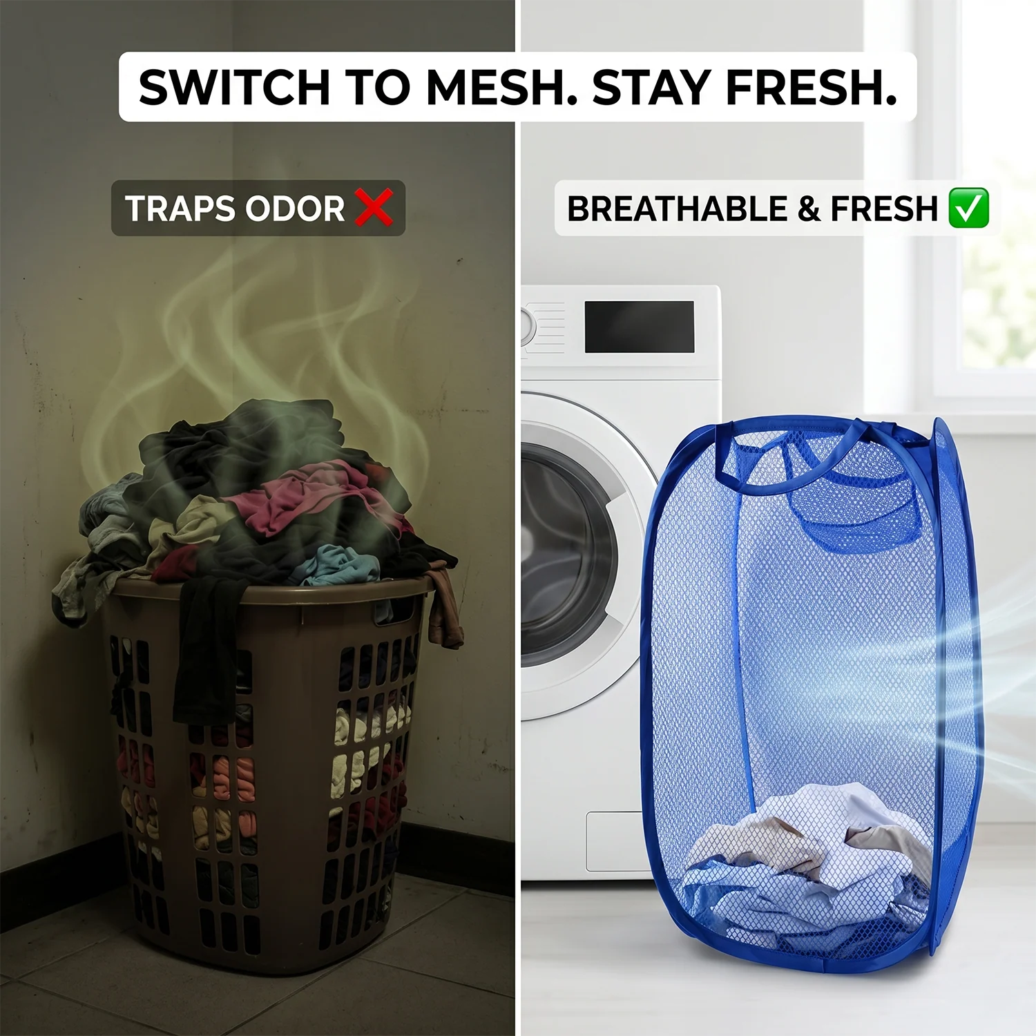 Pop Up Mesh Laundry Basket Lightweight Clothes Hamper (1 Pc,34x34x58cm) - Image 8