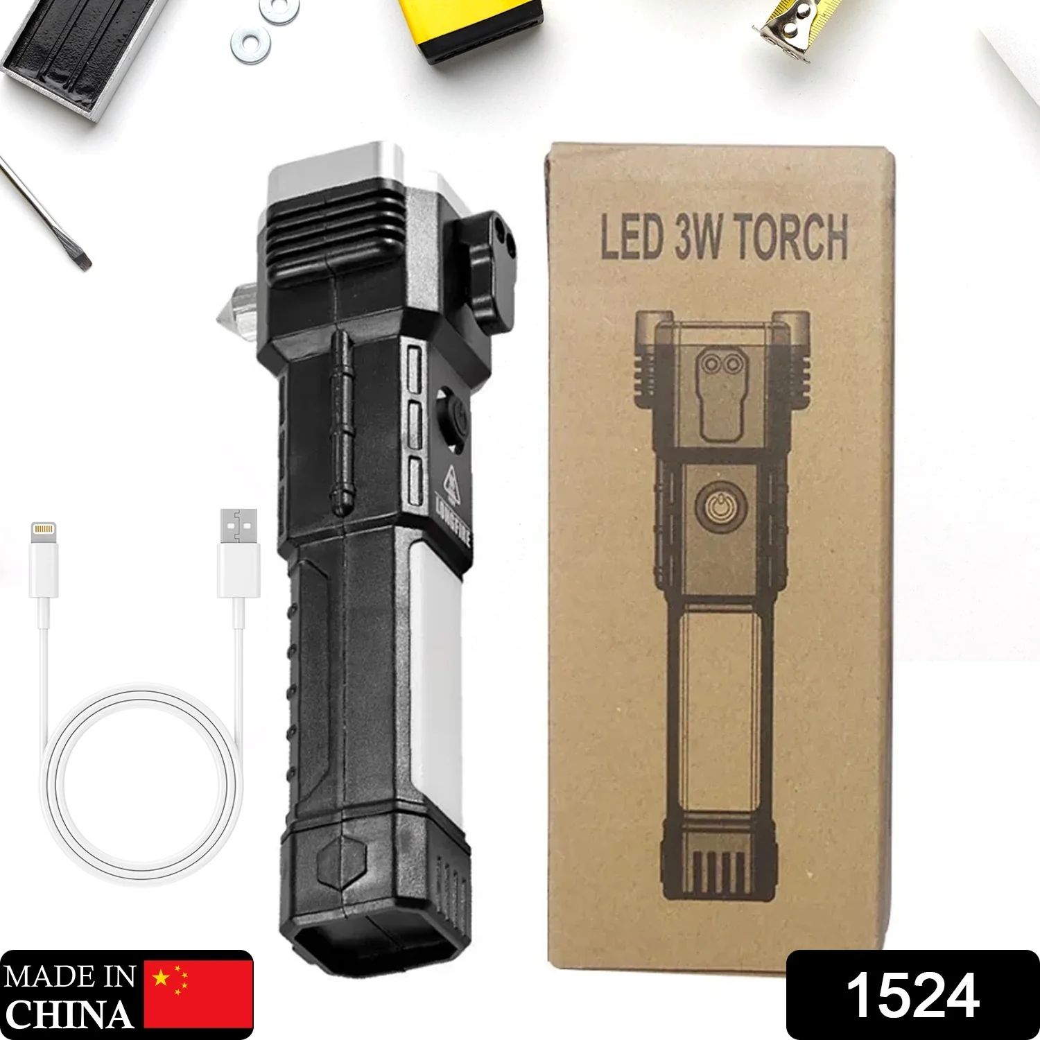 Portable 3W Rechargeable LED Torch with Long Beam, Hammer & Glass Cutter - Image 2