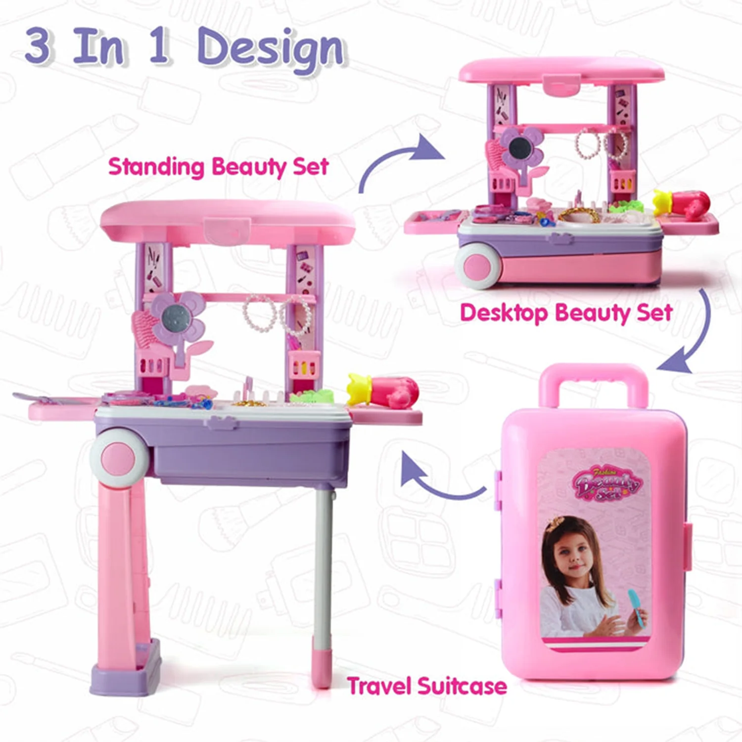 Big Beauty Set Suitcase On Wheel, The Ultimate Beauty Set On Wheels for Girls, Makeup Kit is Easy to Clean & Use, Portable Beauty Set with 25 Pieces for 3 Years BIS Approved. (Beauty Set Trolley) - Image 4