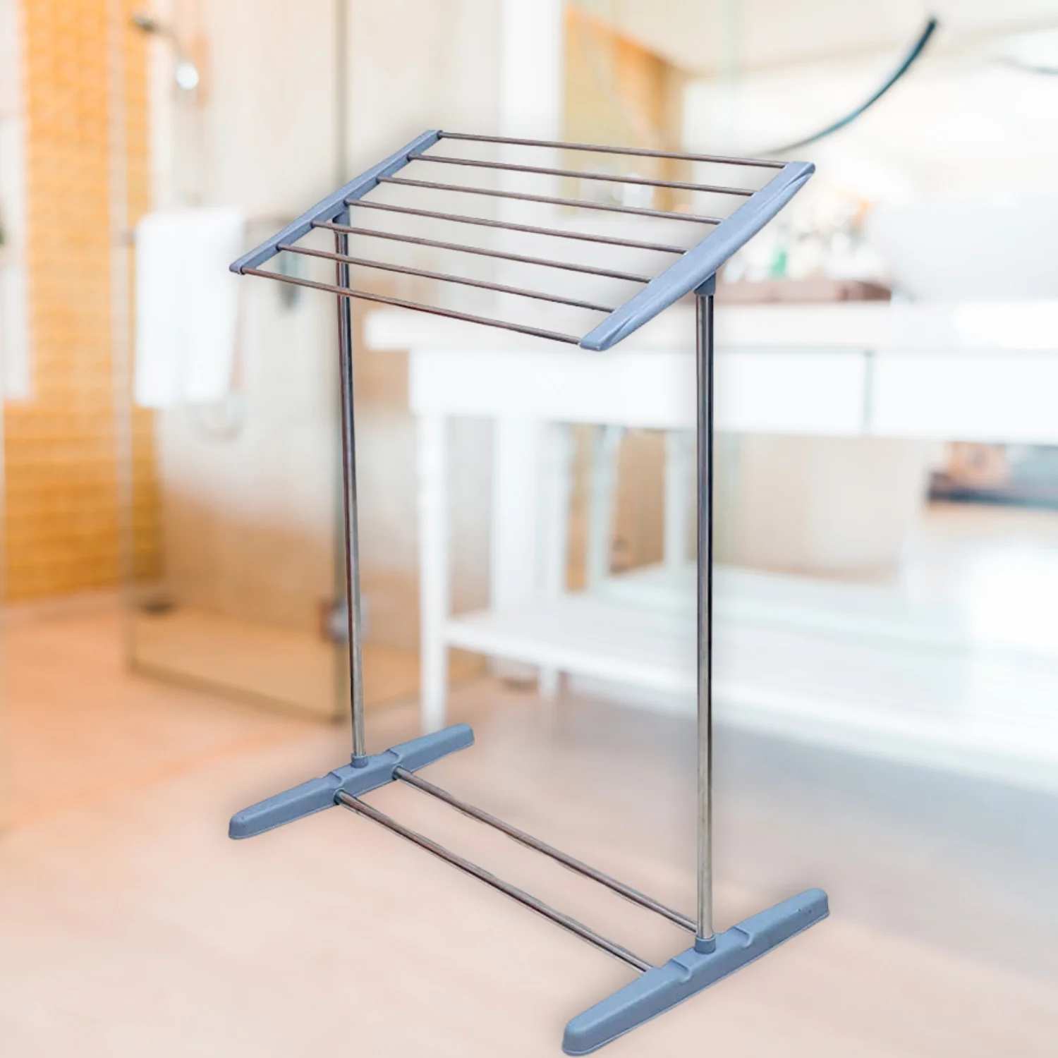 Multi-Functional Single Tier Mobile Towel Foldable Rack for Cloth and Towel / Stainless Steel and Plastic Made Mobile Towel and Cloth Rack Holder Indoor / Outdoor Standing Movable Cloth Dryer Rack, Balcony Cloth Drying Stand - Image 3