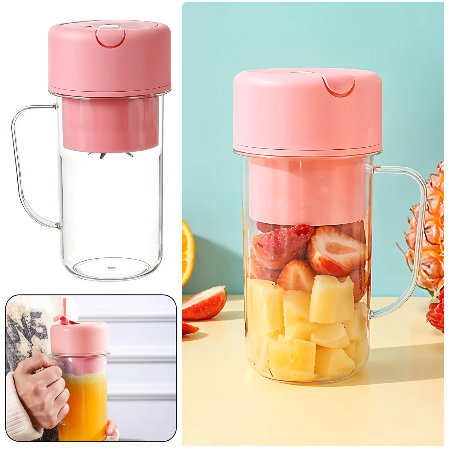 Portable Crusher Juicer With Handle & Straw, USB Rechargeable Multi Blades (420 ML) - Image 12