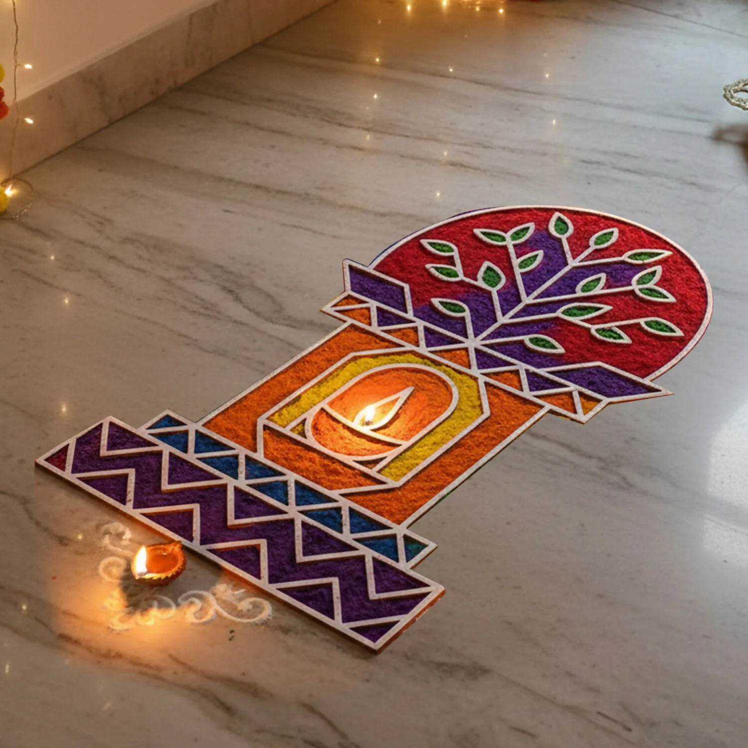 Portable MDF Rangoli Stencil | Diya Tree Design - Image 2