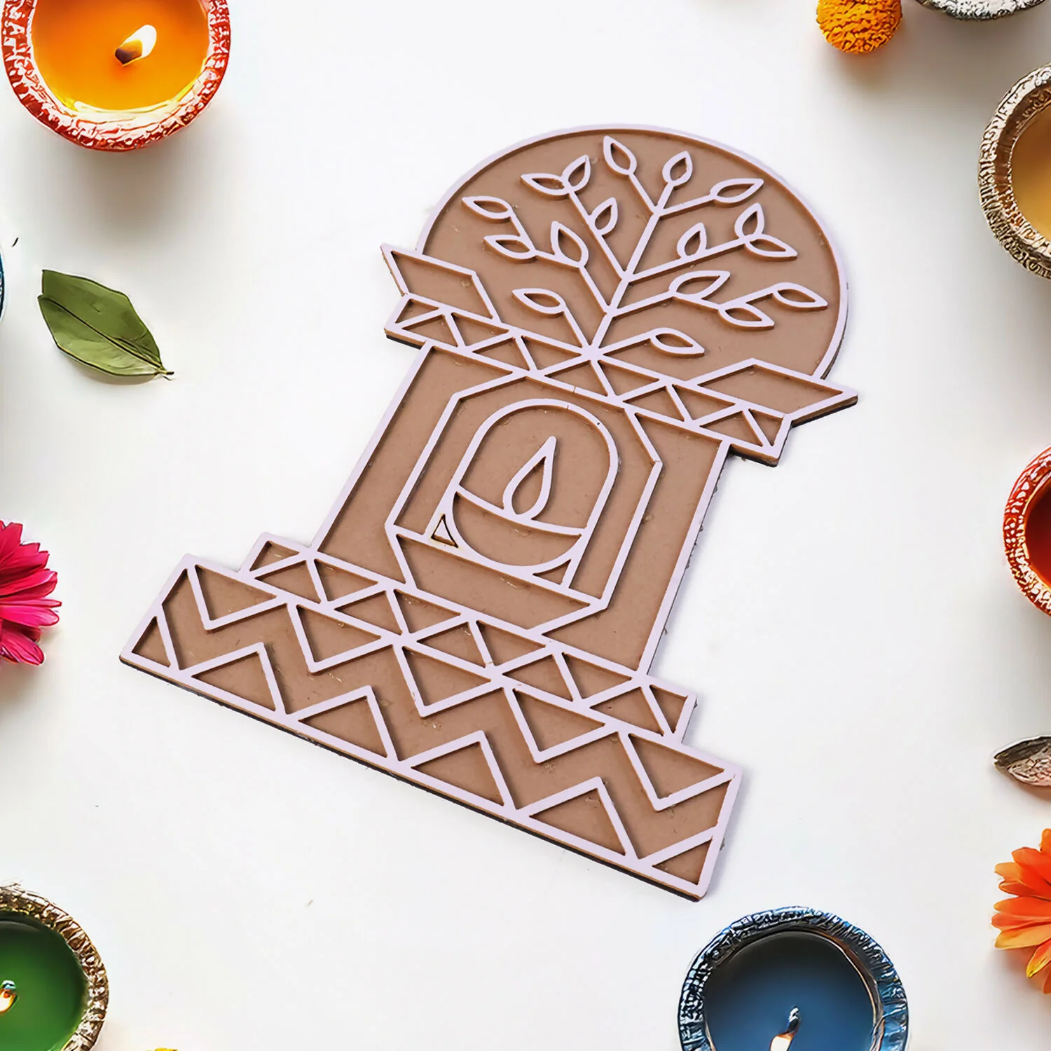 Portable MDF Rangoli Stencil | Diya Tree Design - Image 4
