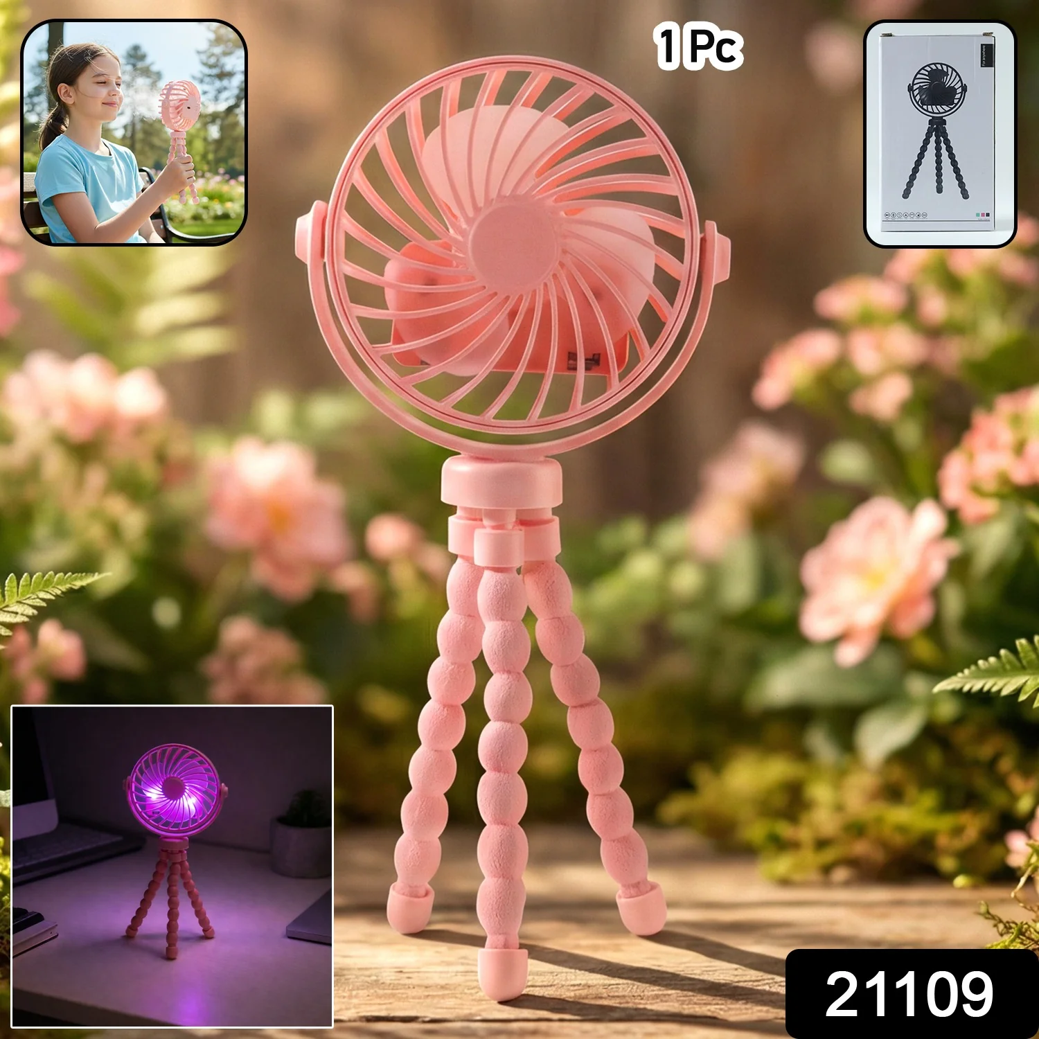 Portable Rechargeable LED Light Fan with Flexible Tripod Stand (1 Pc) - Image 2