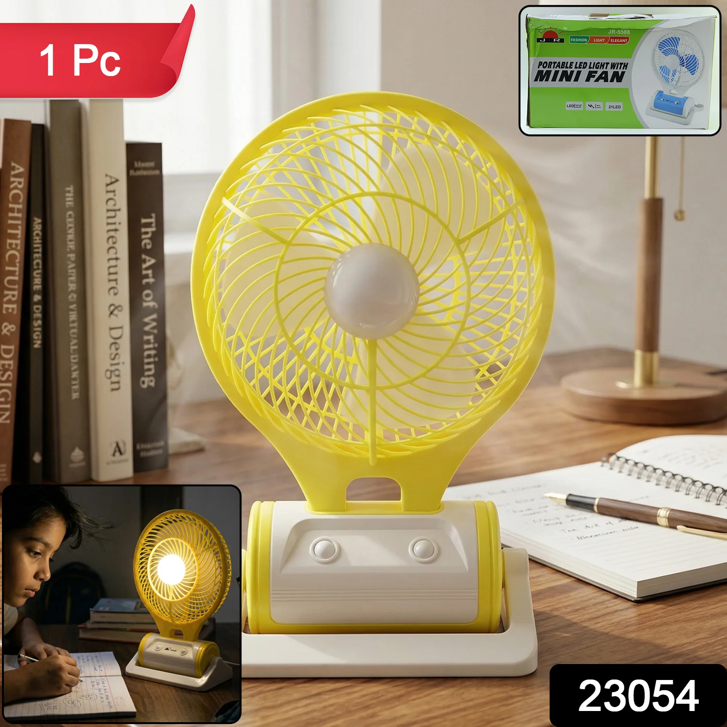 Yellow Color Portable Rechargeable Mini Desk Fan with LED Light - Image 2