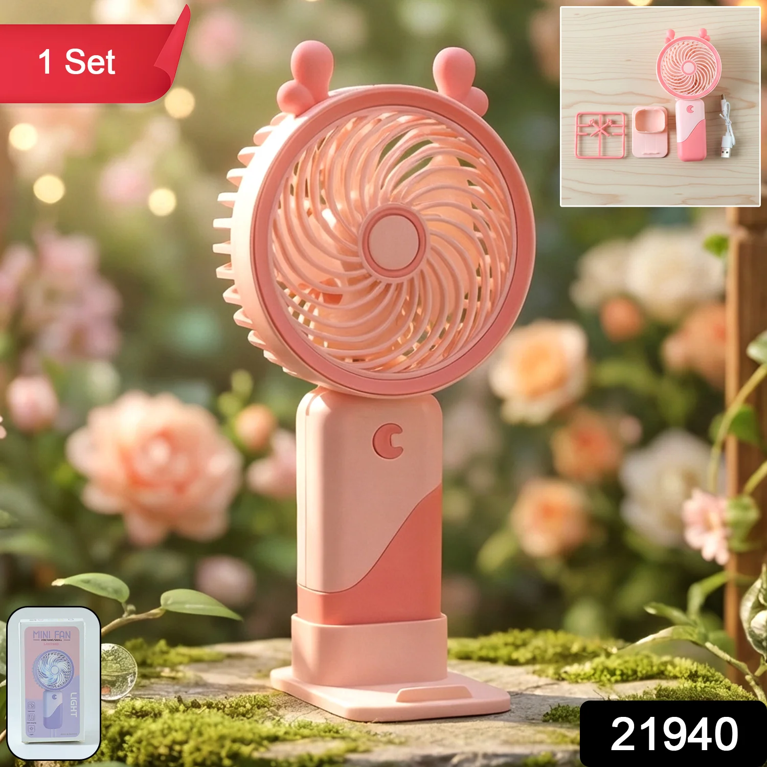 Portable USB Rechargeable Mini Fan with LED Light (1 Set) - Image 2