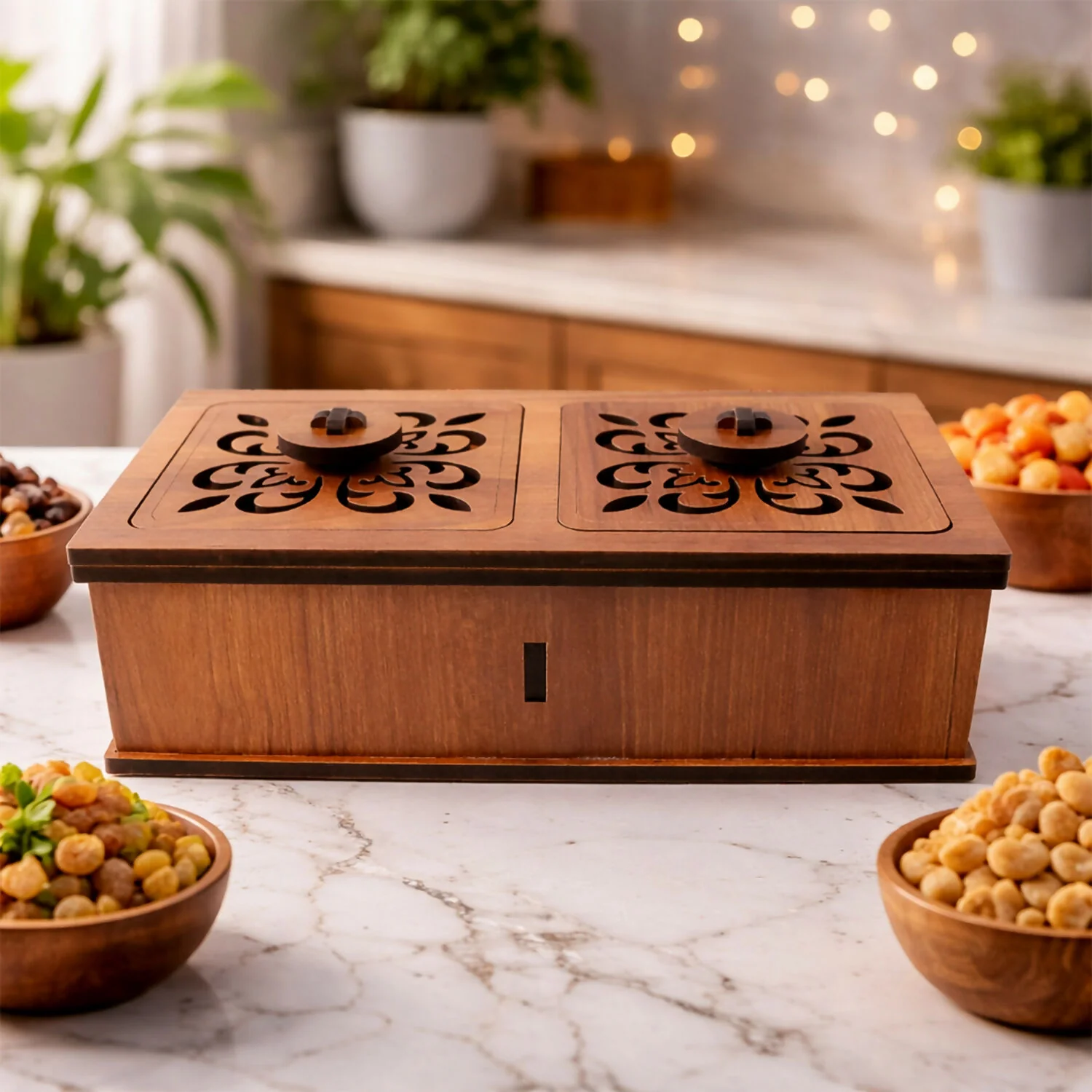 Premium 2 Compartment Wooden Dry Fruit Box with Carved Lid - Image 2