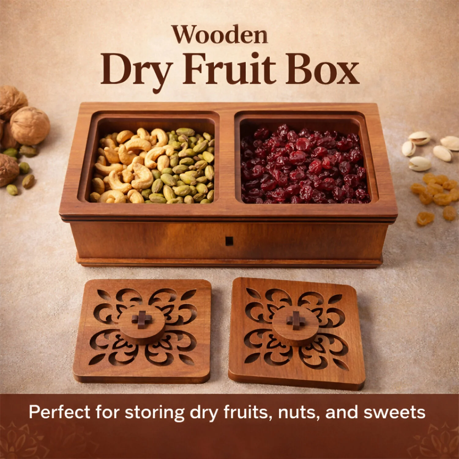 Premium 2 Compartment Wooden Dry Fruit Box with Carved Lid - Image 3