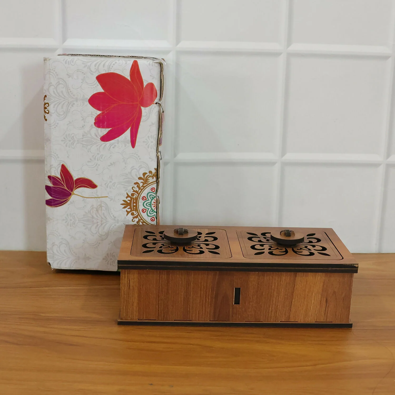Premium 2 Compartment Wooden Dry Fruit Box with Carved Lid - Image 6
