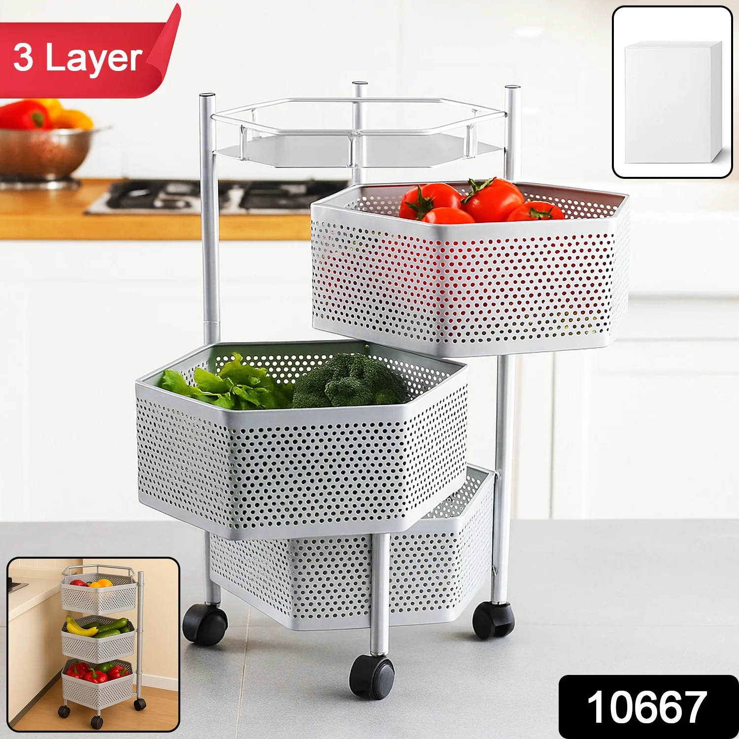 Premium 3-Layer Hexagon Kitchen Storage Trolley with Wheels (1 Pc) - Image 2