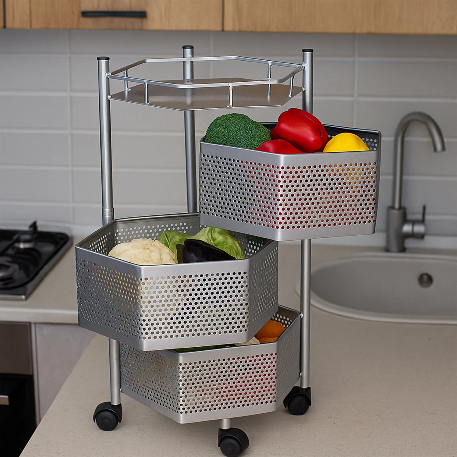 Premium 3-Layer Hexagon Kitchen Storage Trolley with Wheels (1 Pc) - Image 3