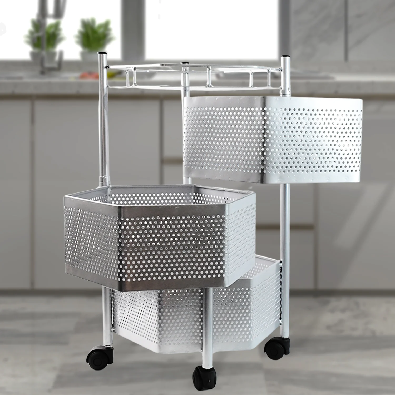 Premium 3-Layer Hexagon Kitchen Storage Trolley with Wheels (1 Pc) - Image 5