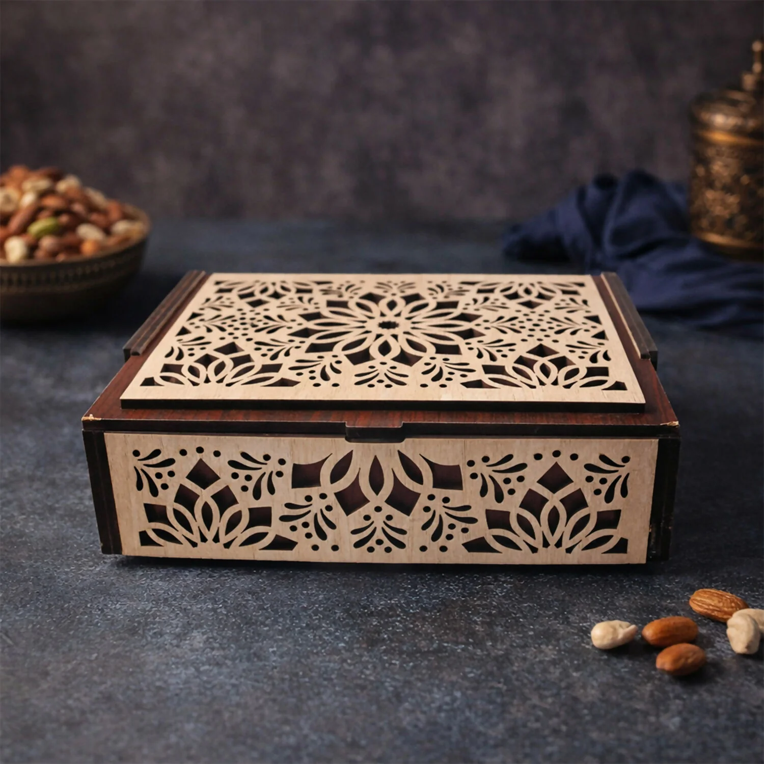 Premium 4 Compartment Wooden Dry Fruit Box with Decorative Laser Cut Lid - Image 2