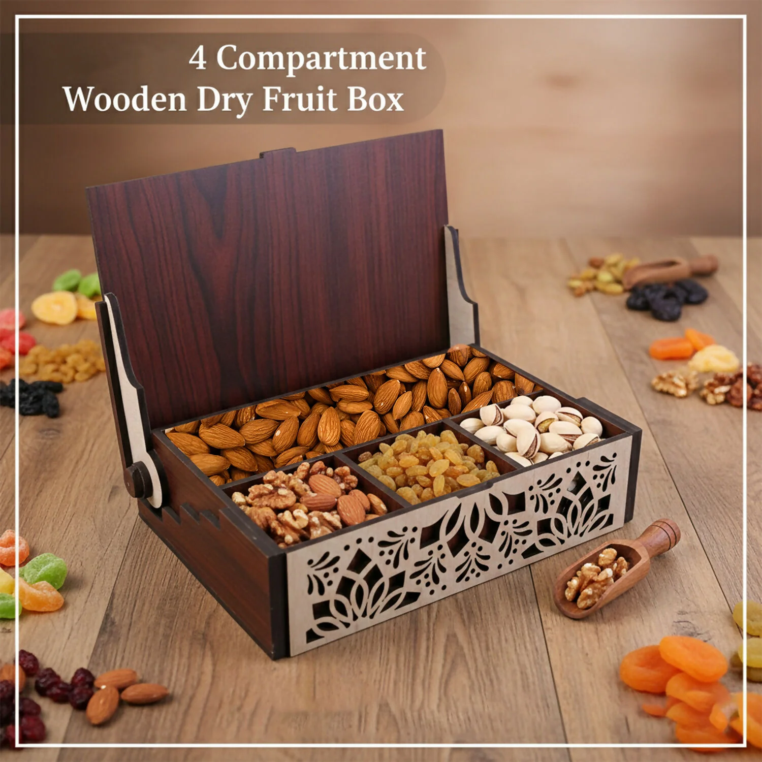 Premium 4 Compartment Wooden Dry Fruit Box with Decorative Laser Cut Lid - Image 3