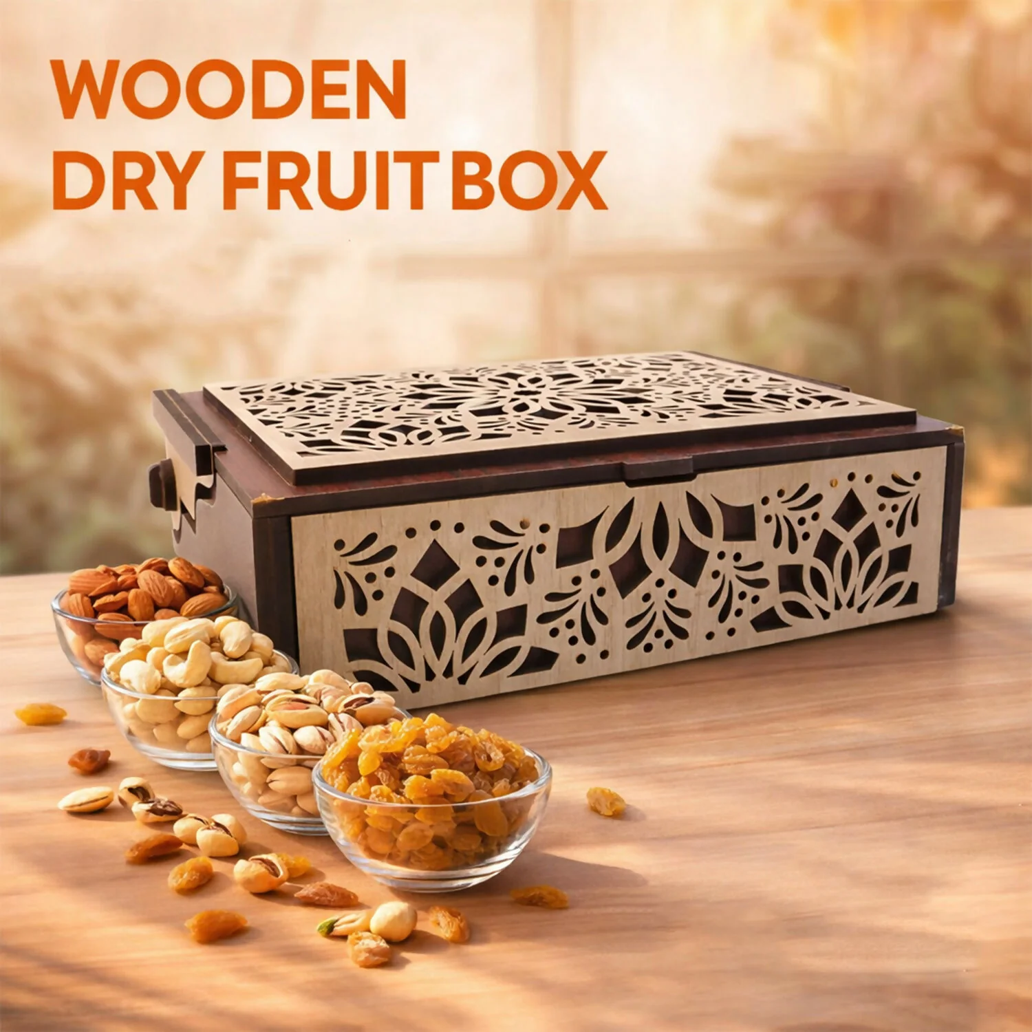 Premium 4 Compartment Wooden Dry Fruit Box with Decorative Laser Cut Lid - Image 4