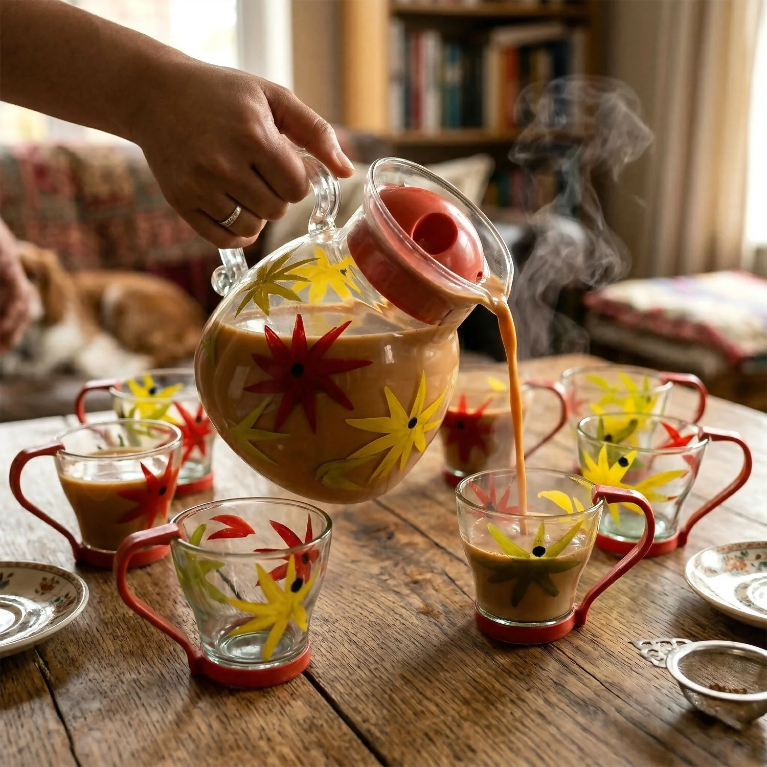 Premium 7 Pc Glass Tea Set Floral Jug with 6 Cups Heat Resistant Serving Set - Image 2