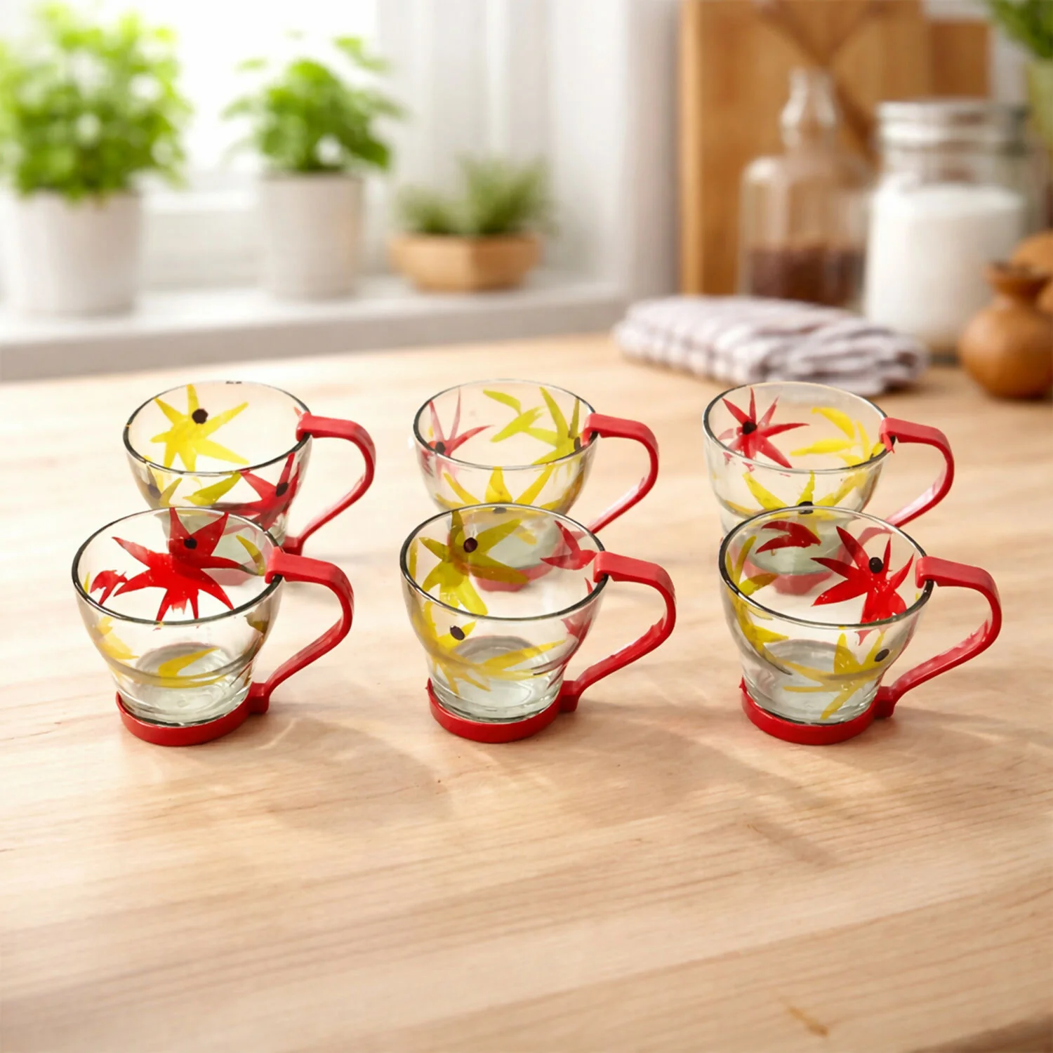 Premium 7 Pc Glass Tea Set Floral Jug with 6 Cups Heat Resistant Serving Set - Image 3