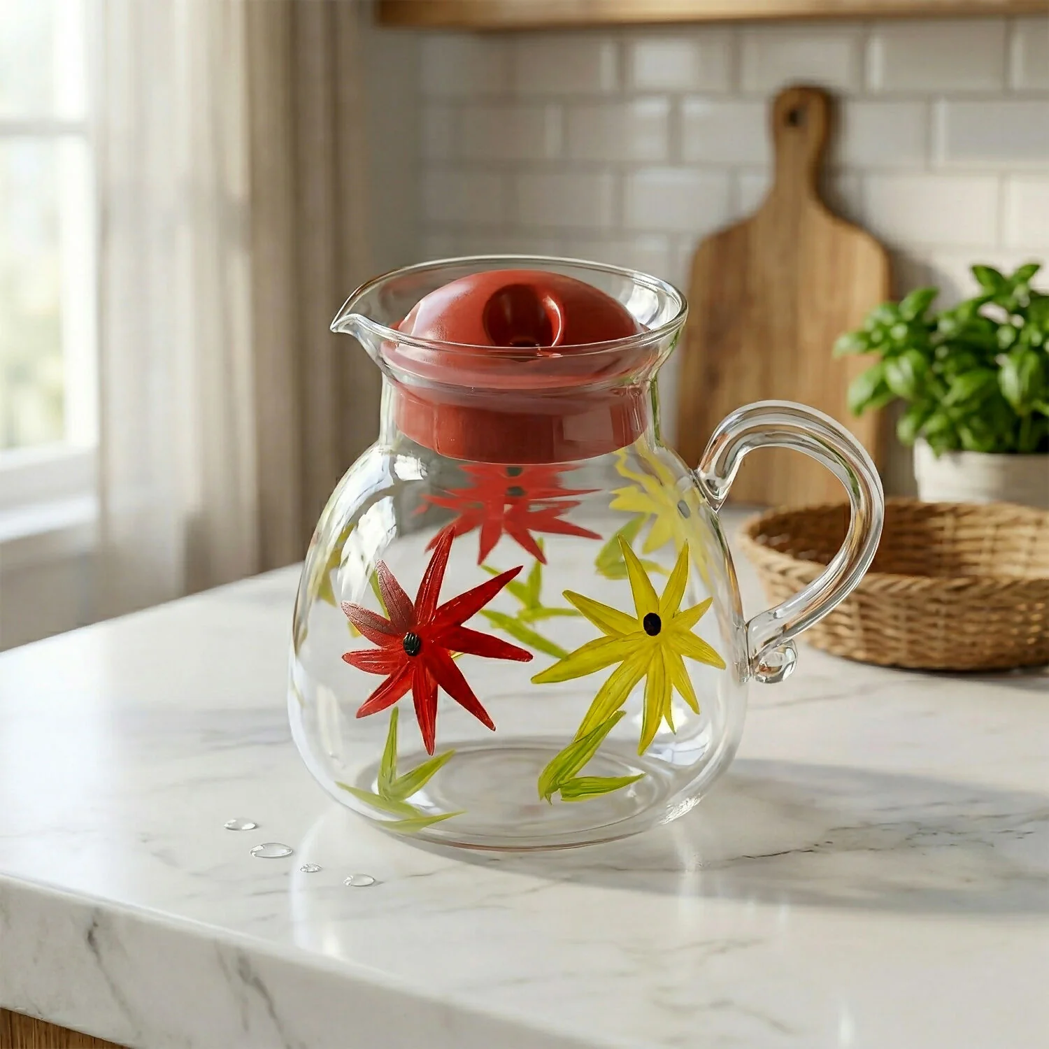 Premium 7 Pc Glass Tea Set Floral Jug with 6 Cups Heat Resistant Serving Set - Image 4