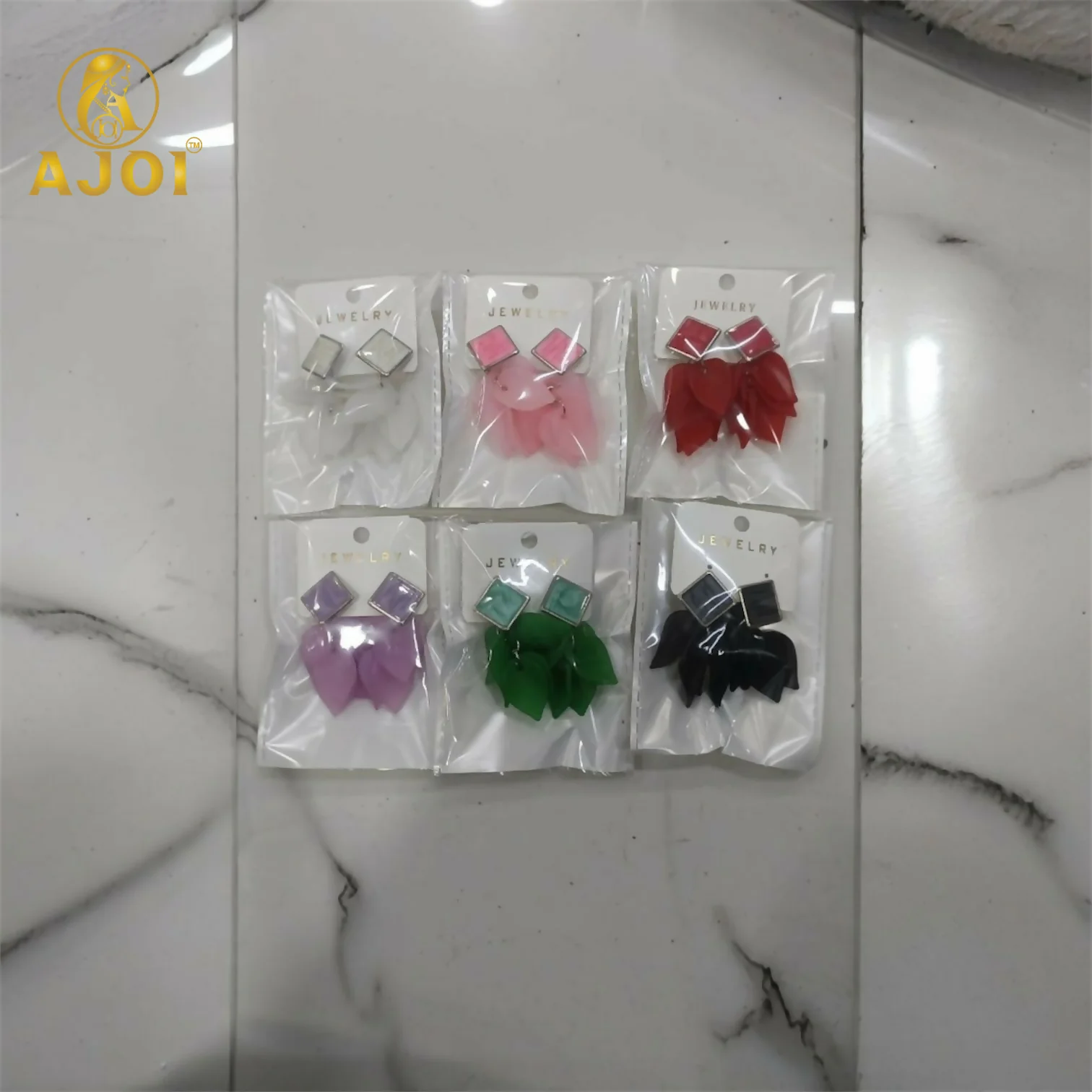 Premium Acrylic Petal Drop Earrings with Square Stud Top – Multicolor Fashion Collection (Pack Of 6) - Image 5