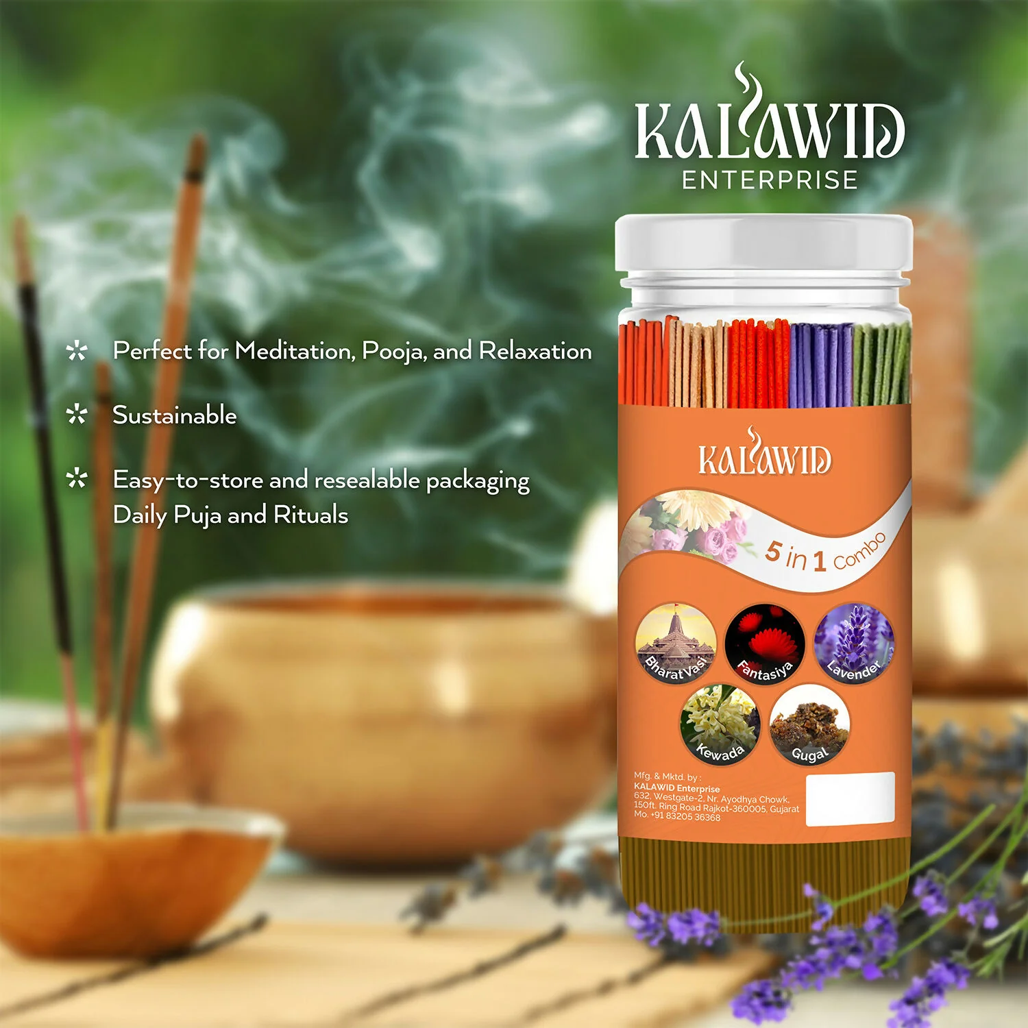 Premium Agarbatti 5 In 1 Combo with Bharatvasi, Fantasiya, Lavender, Kewada, Gugal Fragrances for Relaxation & Daily Use (400 Gm) - Image 2
