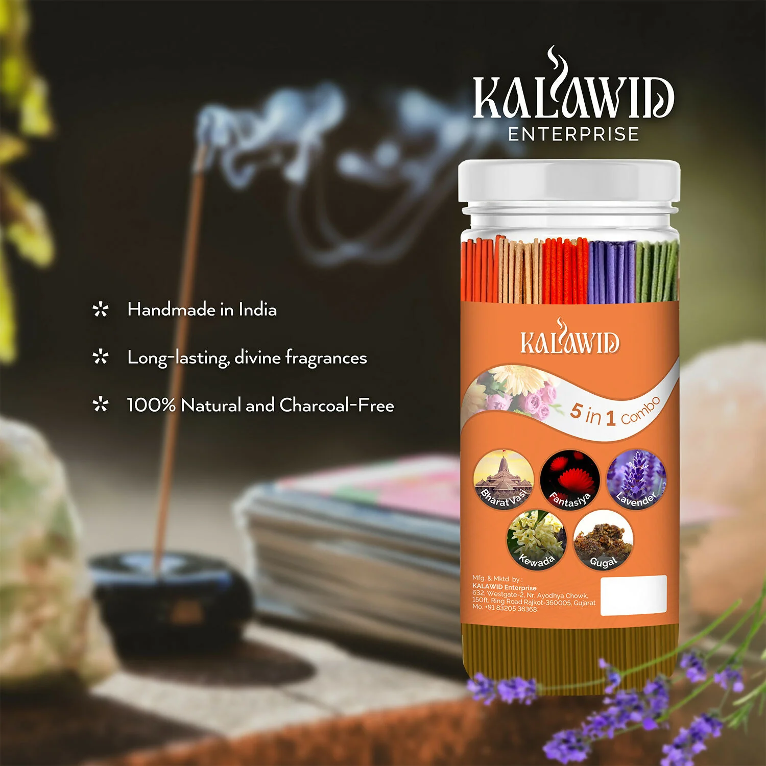 Premium Agarbatti 5 In 1 Combo with Bharatvasi, Fantasiya, Lavender, Kewada, Gugal Fragrances for Relaxation & Daily Use (400 Gm) - Image 3