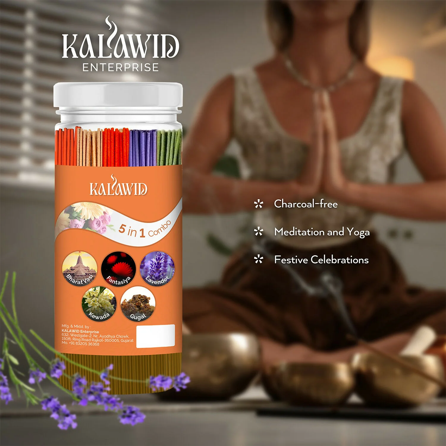 Premium Agarbatti 5 In 1 Combo with Bharatvasi, Fantasiya, Lavender, Kewada, Gugal Fragrances for Relaxation & Daily Use (400 Gm) - Image 4