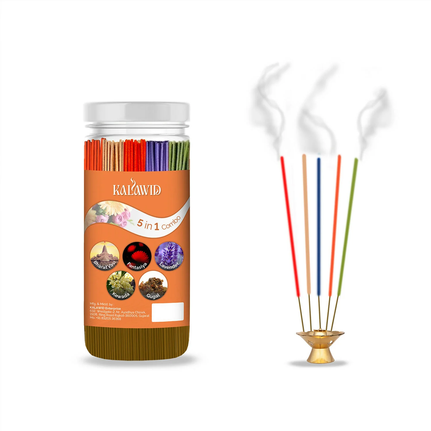 Premium Agarbatti 5 In 1 Combo with Bharatvasi, Fantasiya, Lavender, Kewada, Gugal Fragrances for Relaxation & Daily Use (400 Gm) - Image 5