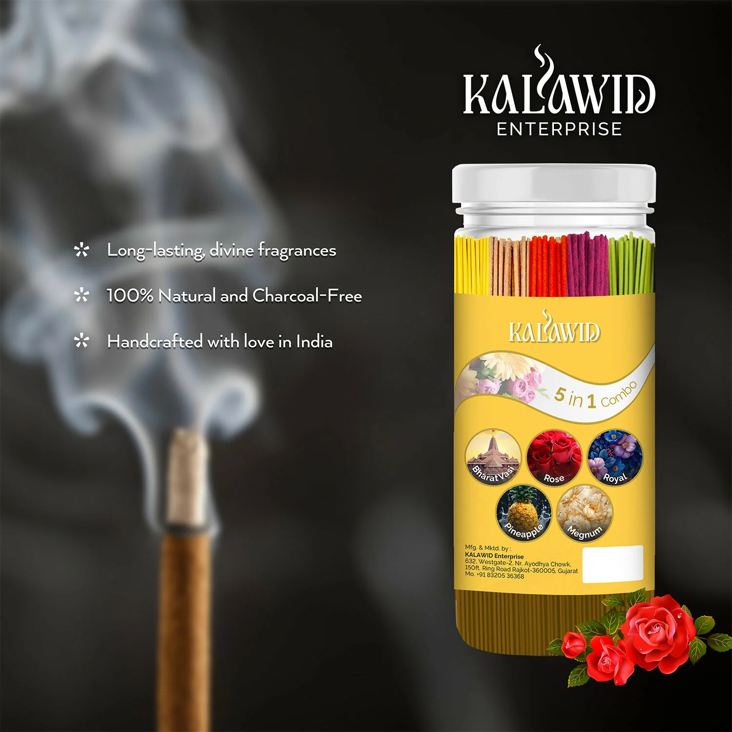 Premium Agarbatti 5 In 1 Combo with Bharatvasi, Rose, Royal, Pineapple, Megnum Fragrances for Long Lasting Aroma (400 Gm) - Image 3