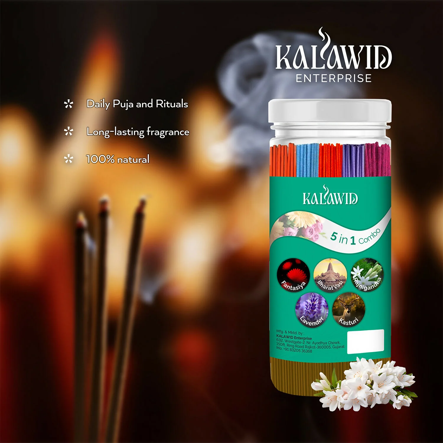 Premium Agarbatti 5 In 1 Combo with Fantasiya, Bharatvasi, Rajnigandha, Lavender, Kasturi Fragrances for Long Lasting Aroma (400 Gm) - Image 2