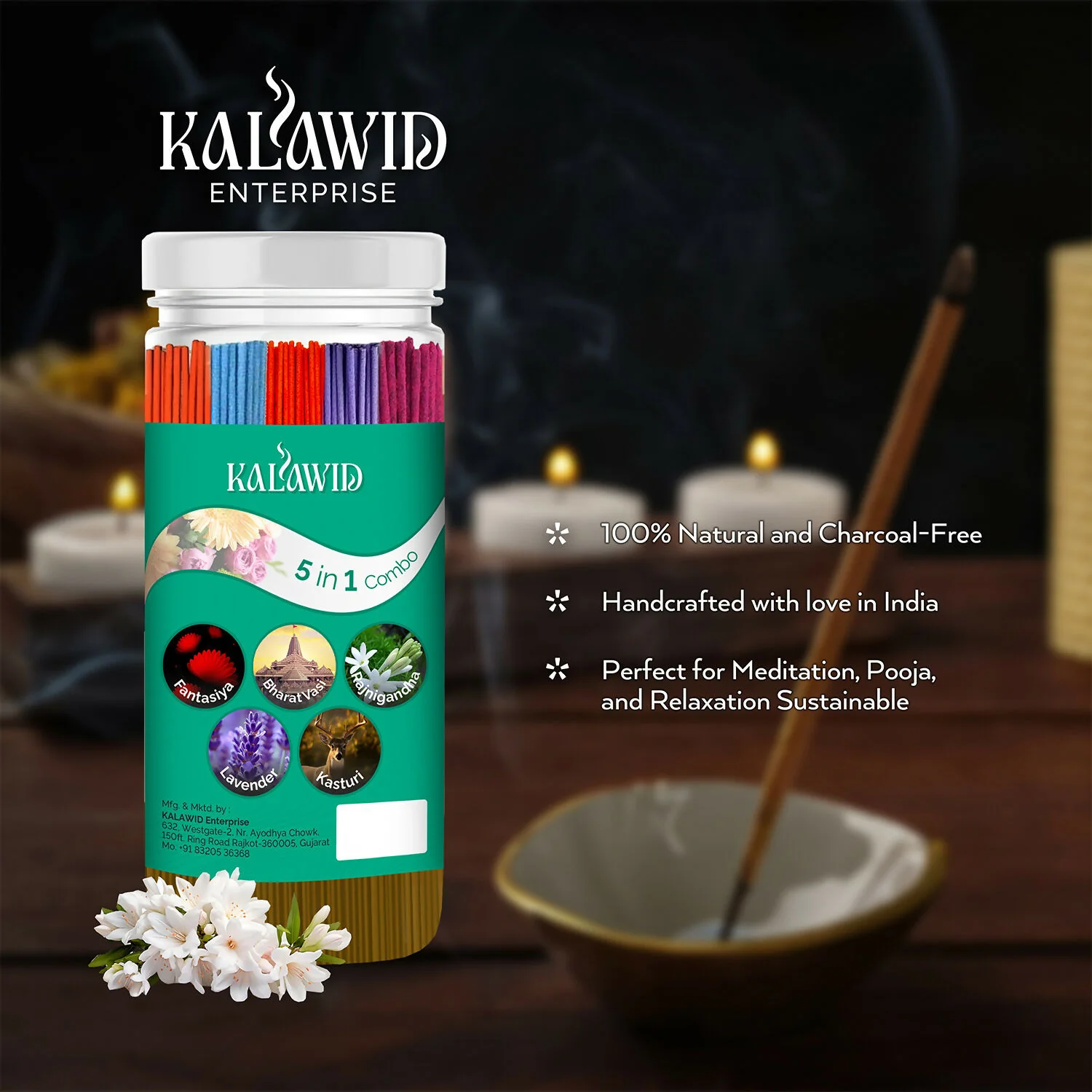 Premium Agarbatti 5 In 1 Combo with Fantasiya, Bharatvasi, Rajnigandha, Lavender, Kasturi Fragrances for Long Lasting Aroma (400 Gm) - Image 3