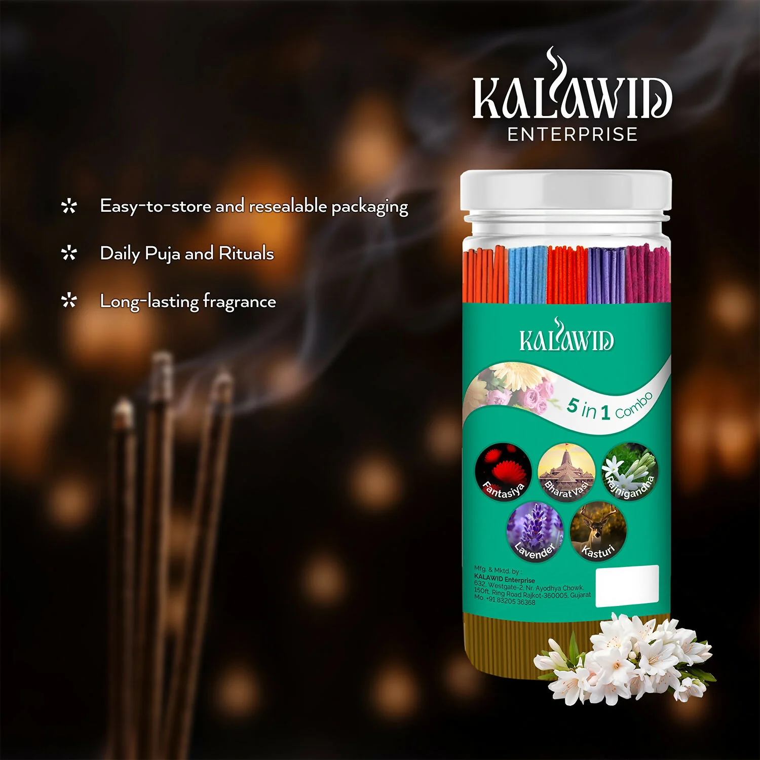 Premium Agarbatti 5 In 1 Combo with Fantasiya, Bharatvasi, Rajnigandha, Lavender, Kasturi Fragrances for Long Lasting Aroma (400 Gm) - Image 4
